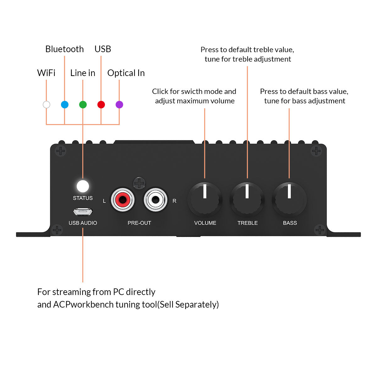 Arylic SA100 amplifier rear input ports close-up showing WiFi antenna, USB and aux connectivity