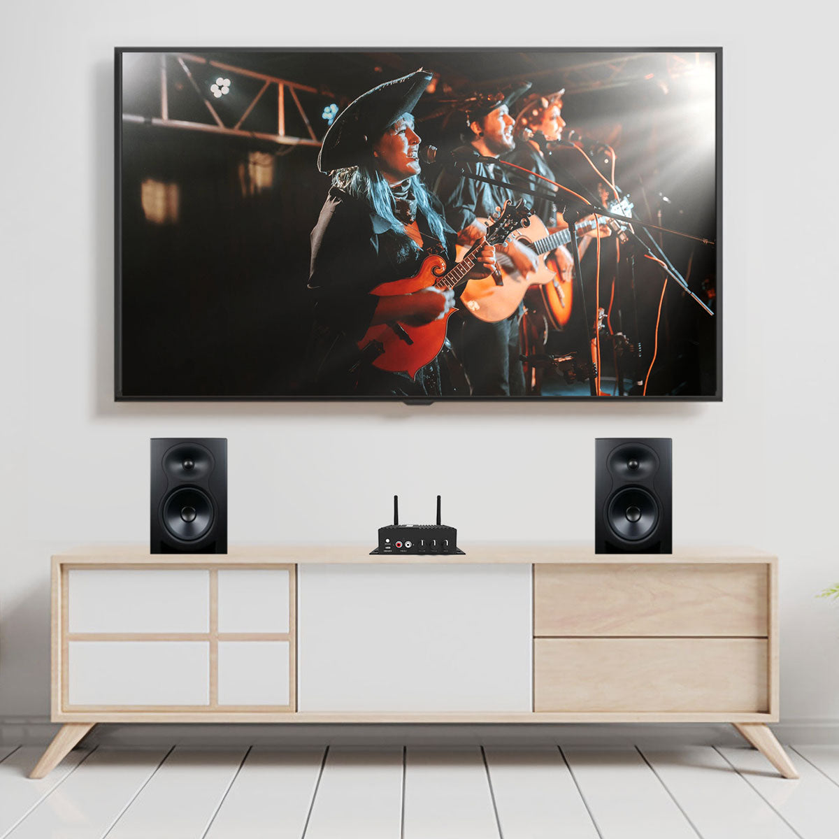 Arylic SA100 HiFi streaming amplifier in modern living room multiroom home audio setup