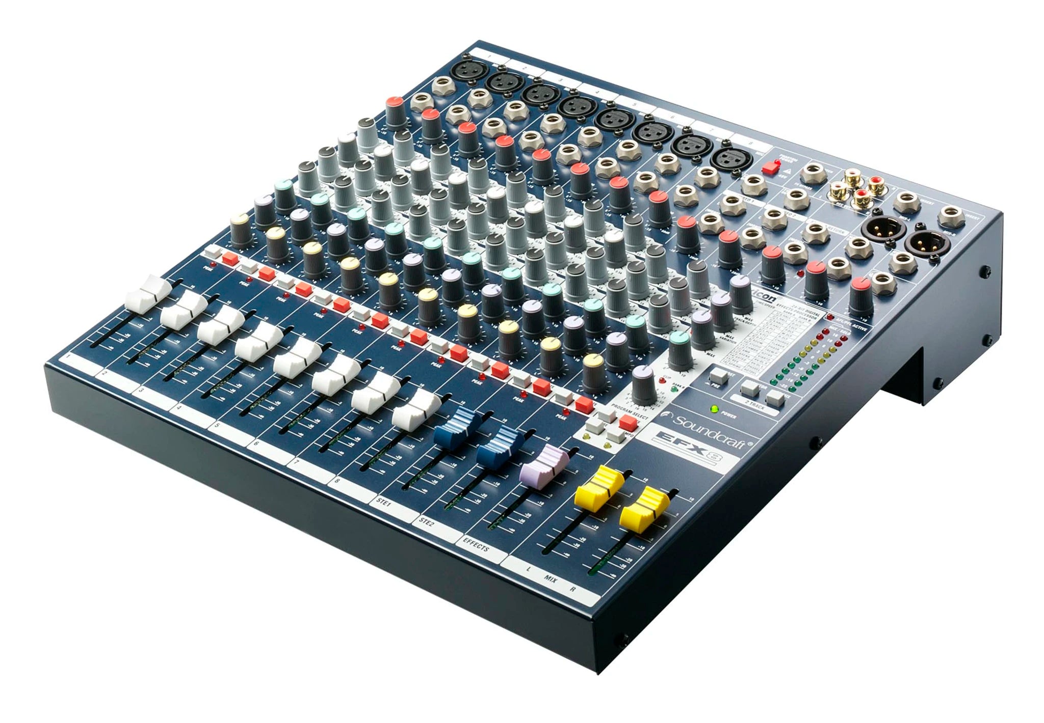 Sound mixing console with various knobs and buttons on a white background