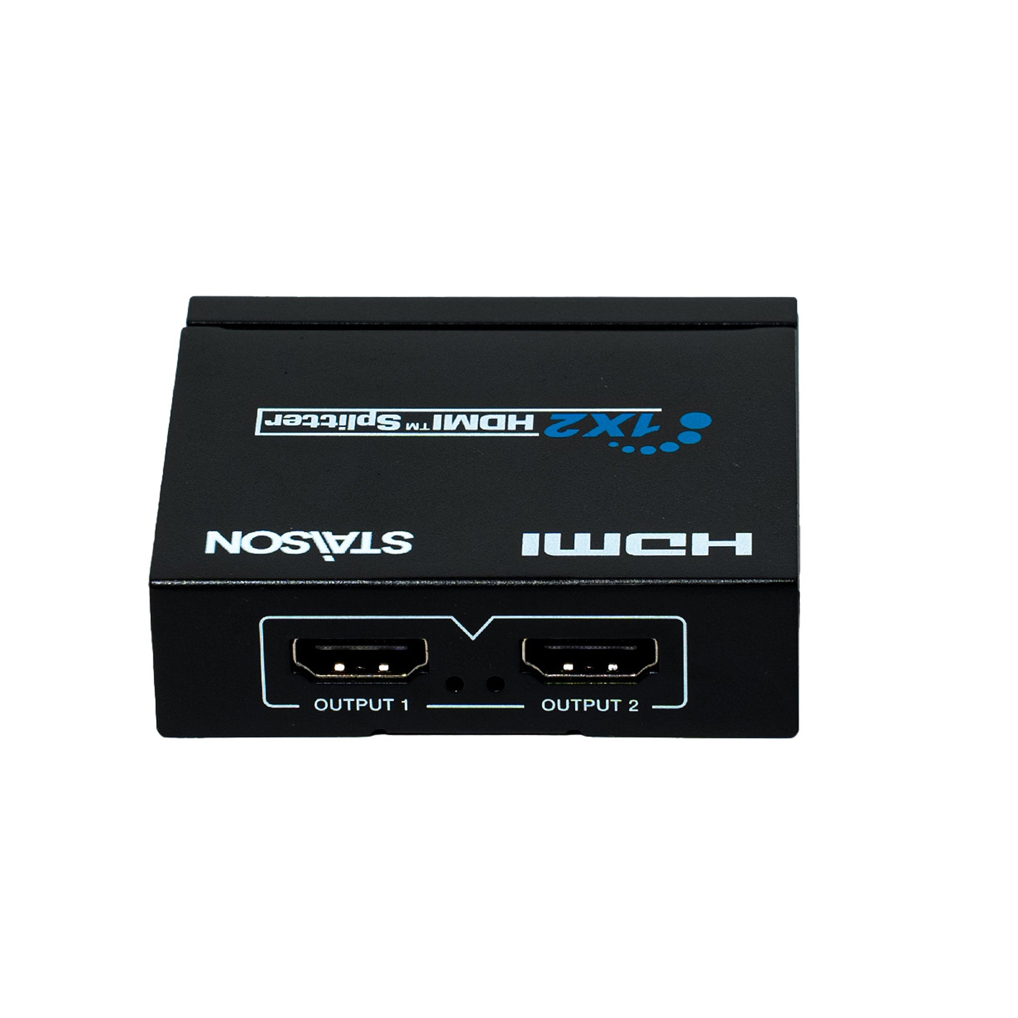 HDMI splitter with two output ports on a white background