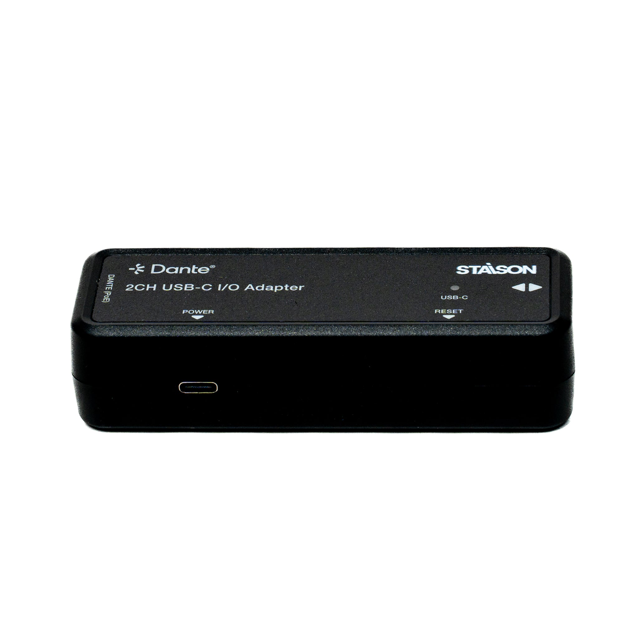 Black 2CH USB-C I/O Adapter with Dante and Staison branding on a white background