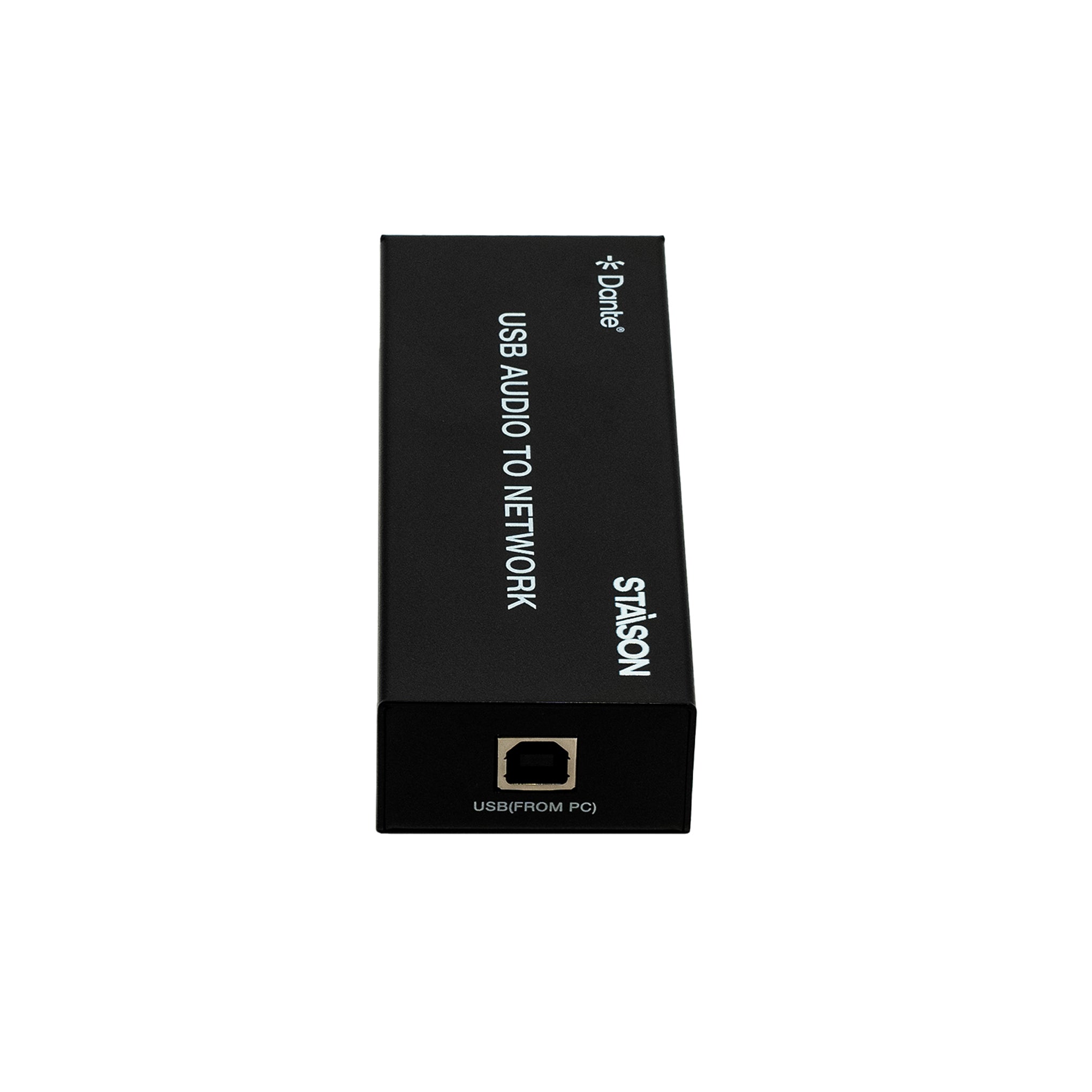 Black USB audio to network adapter with branding on a white background