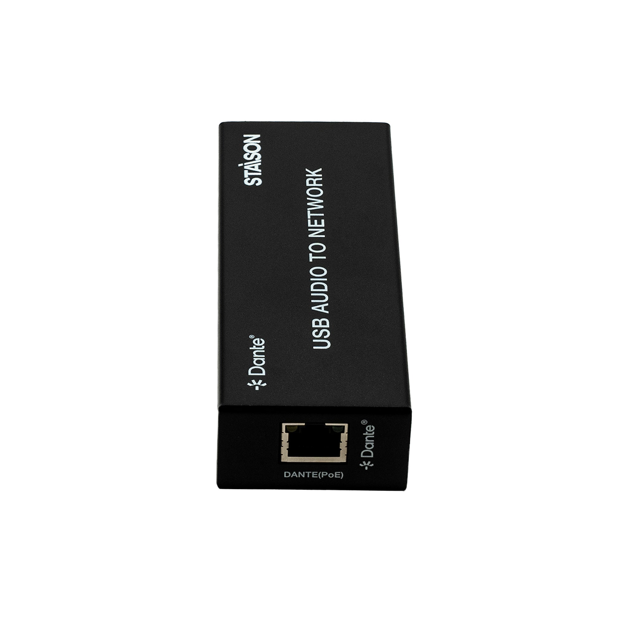 Black USB audio to network device with Stratuson branding on a white background