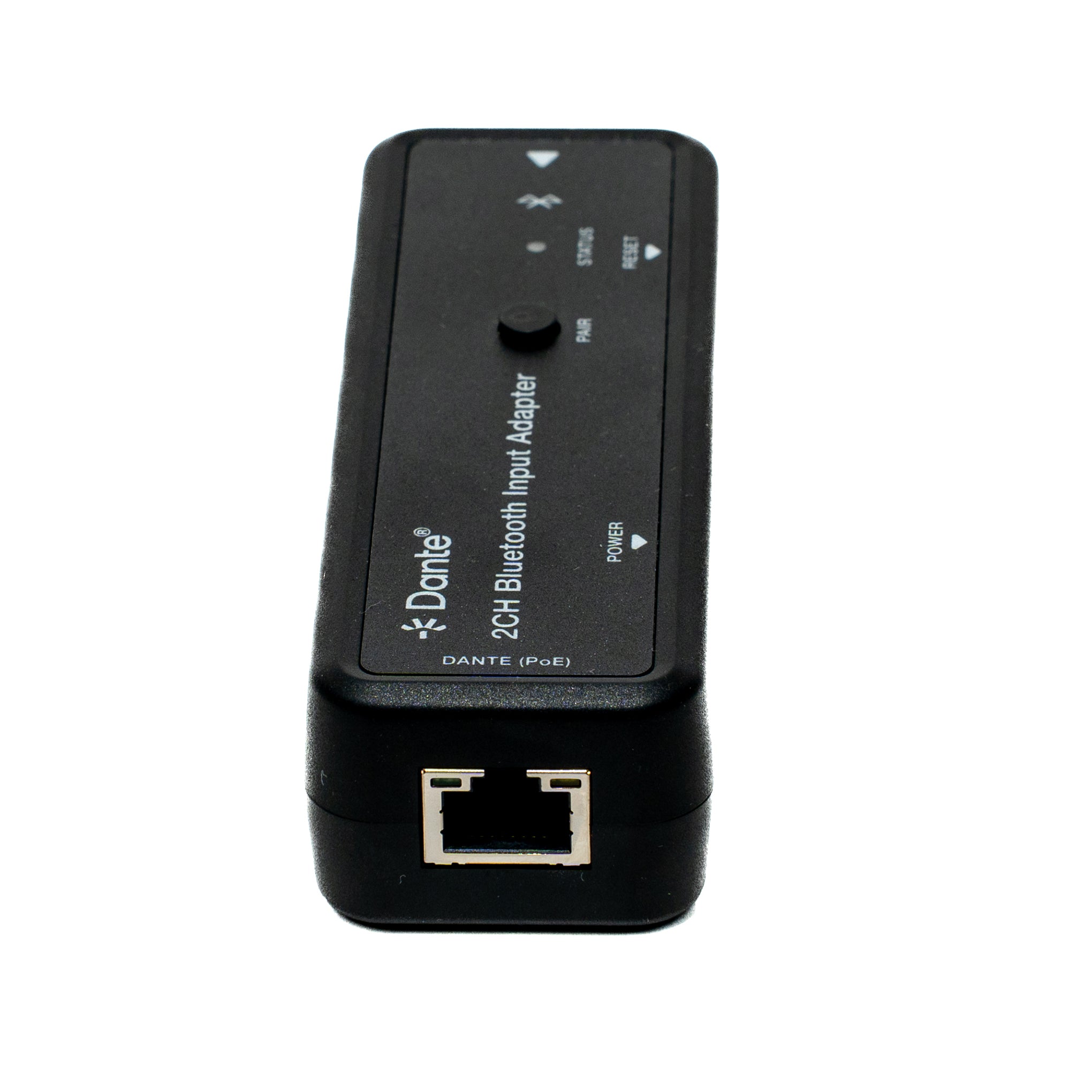 Black Dante Bluetooth input adapter on a white background
