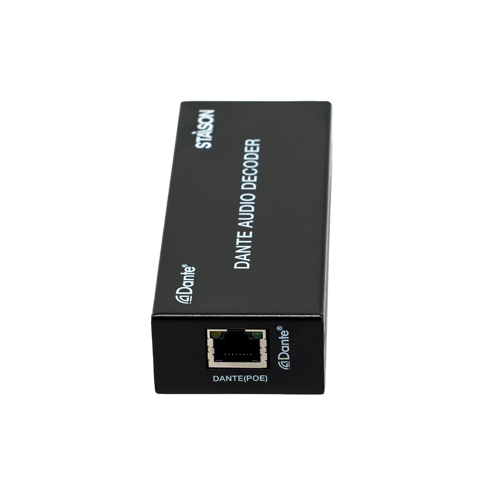 Black Dante audio decoder DANTE PORT on a white background