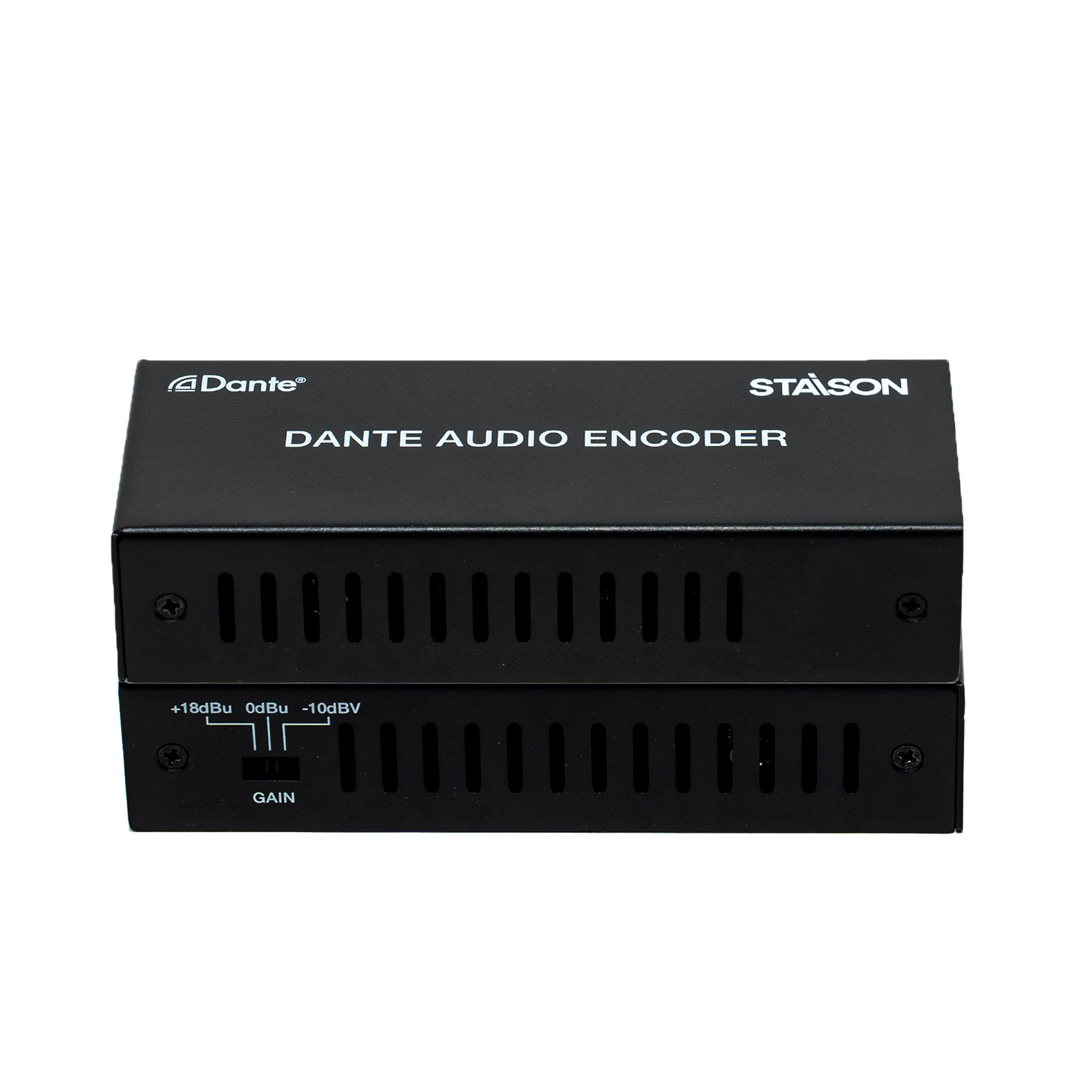 Black STASON Dante Audio Encoder on a white background