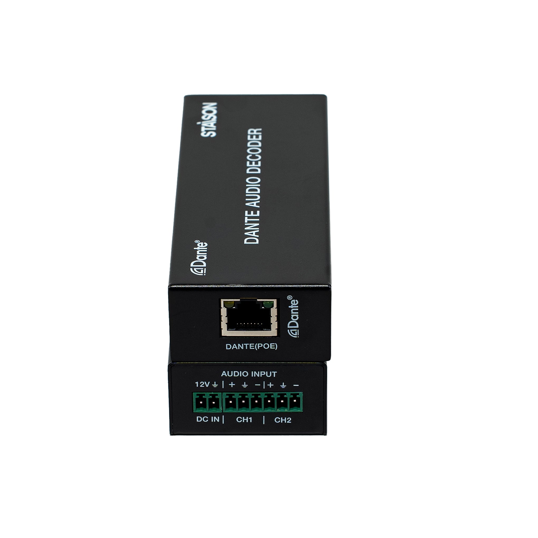 Black audio decoder box with Dante branding on a white background