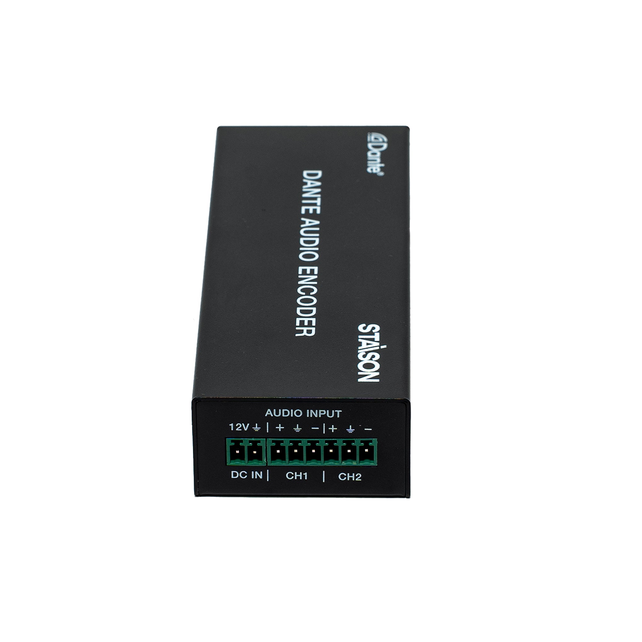Dante audio encoder with branding on a white background with audio input port