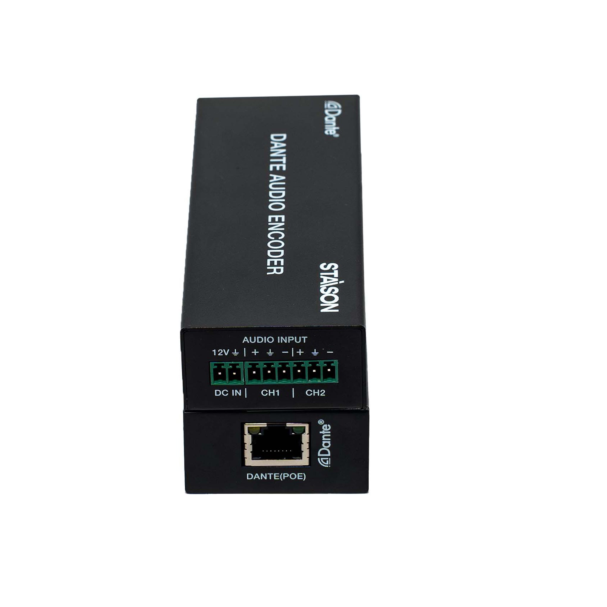 Black audio encoder with 'Staison' branding on a white background with multiple ports