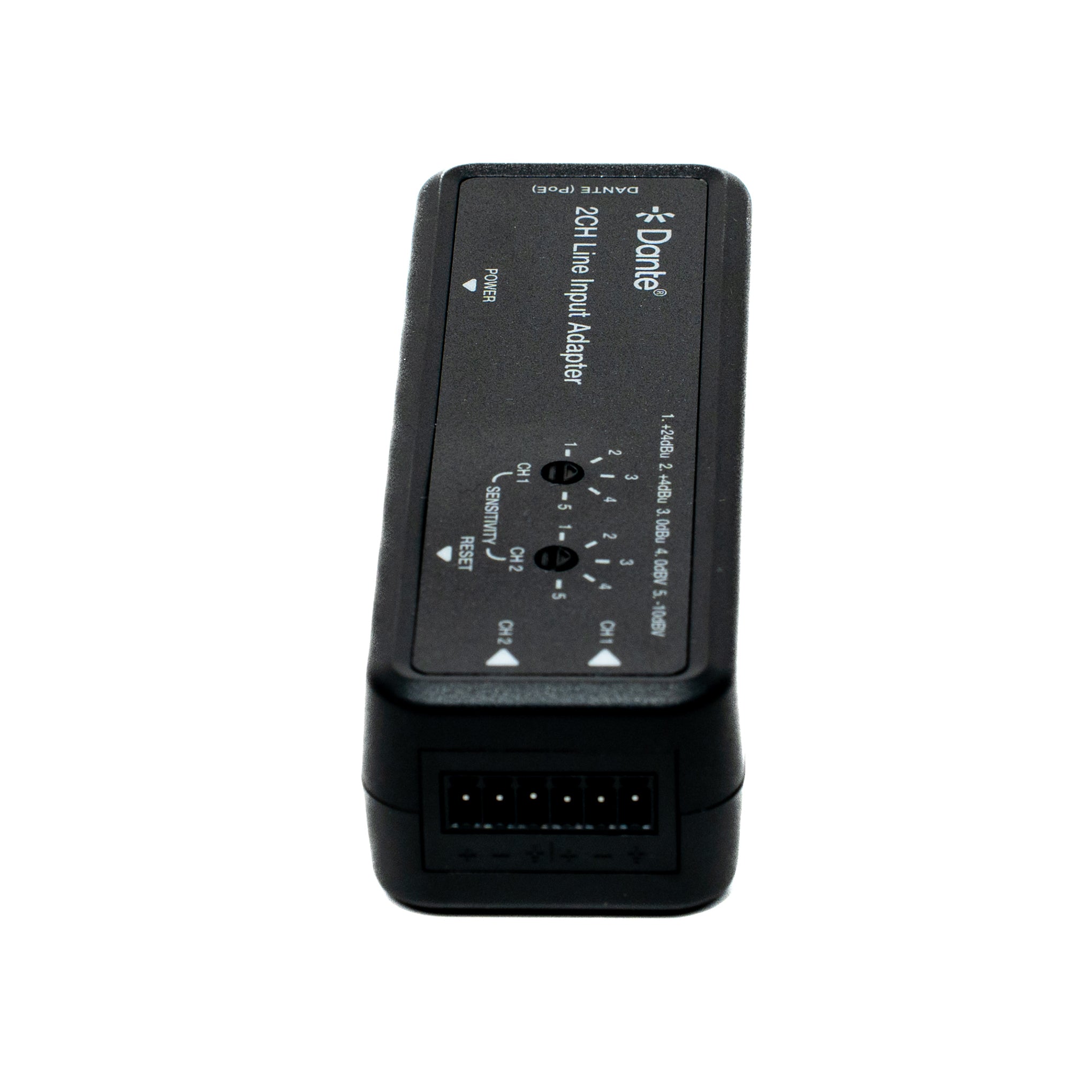 Dante 2 channel input  adapter with labeled ports on a white background