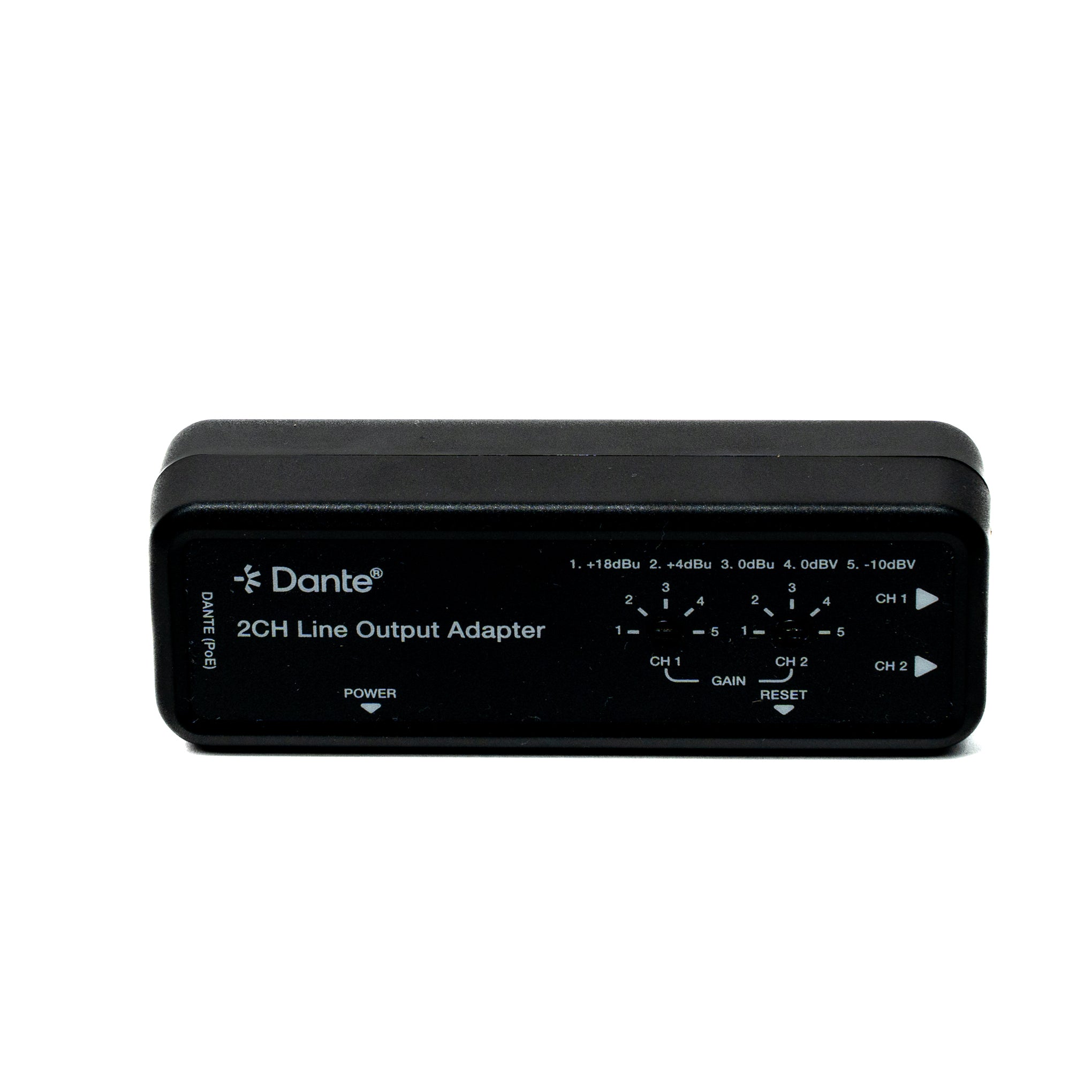 Dante 2 channel line output adaptor in white background