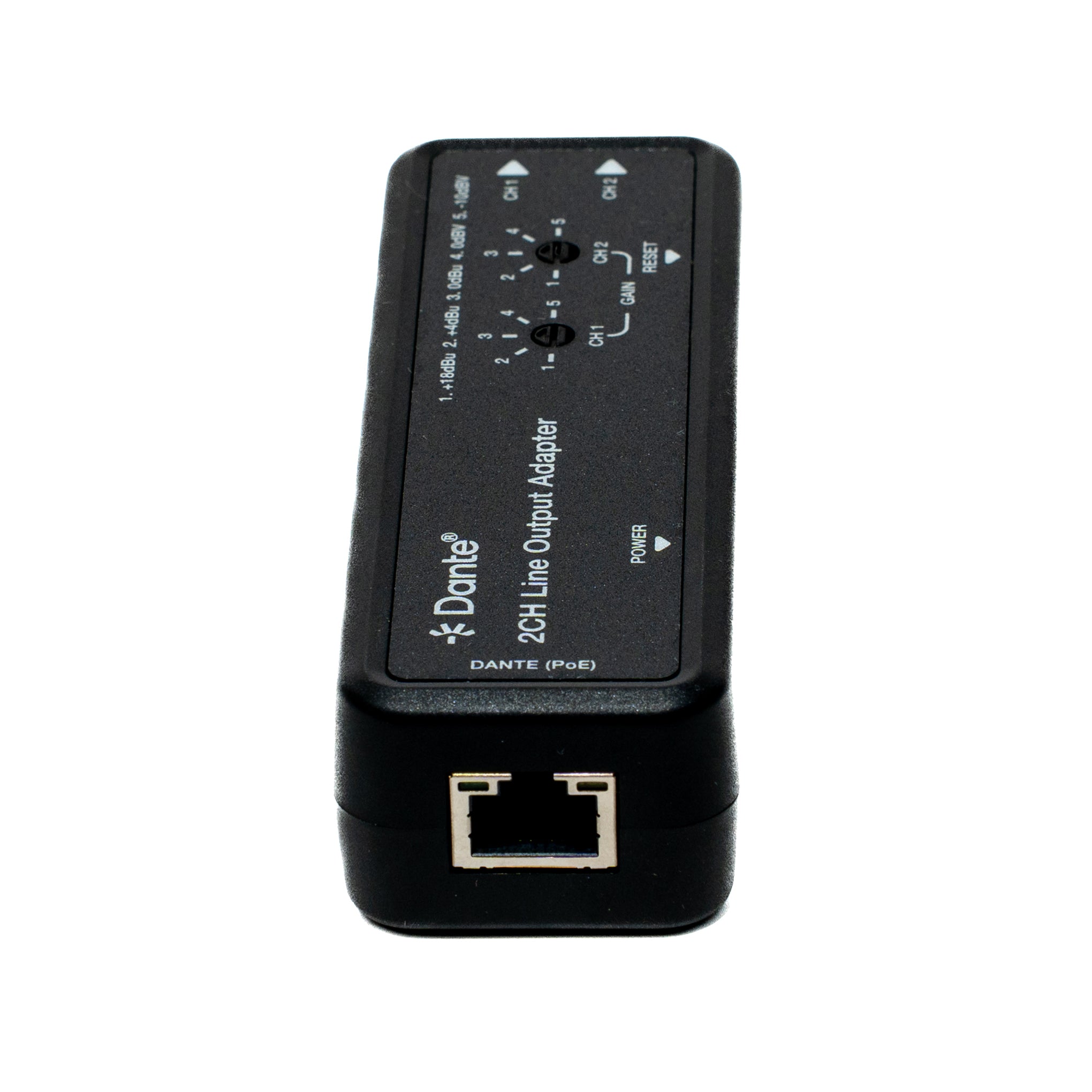 Black Dante line output adapter on a white background