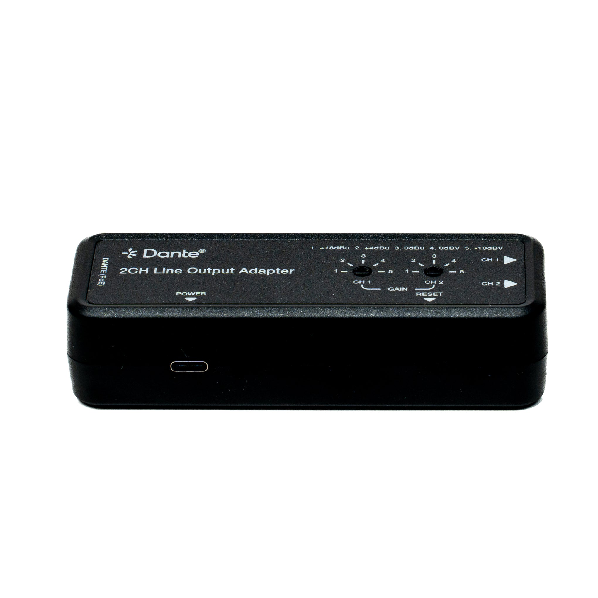 Dante 2ch line output adaptor power input in a white background