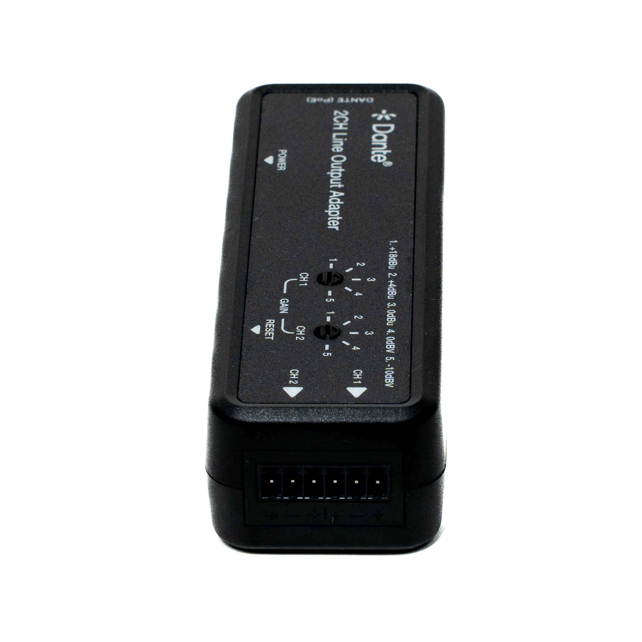 Black electronic device with labeled ports on a white background