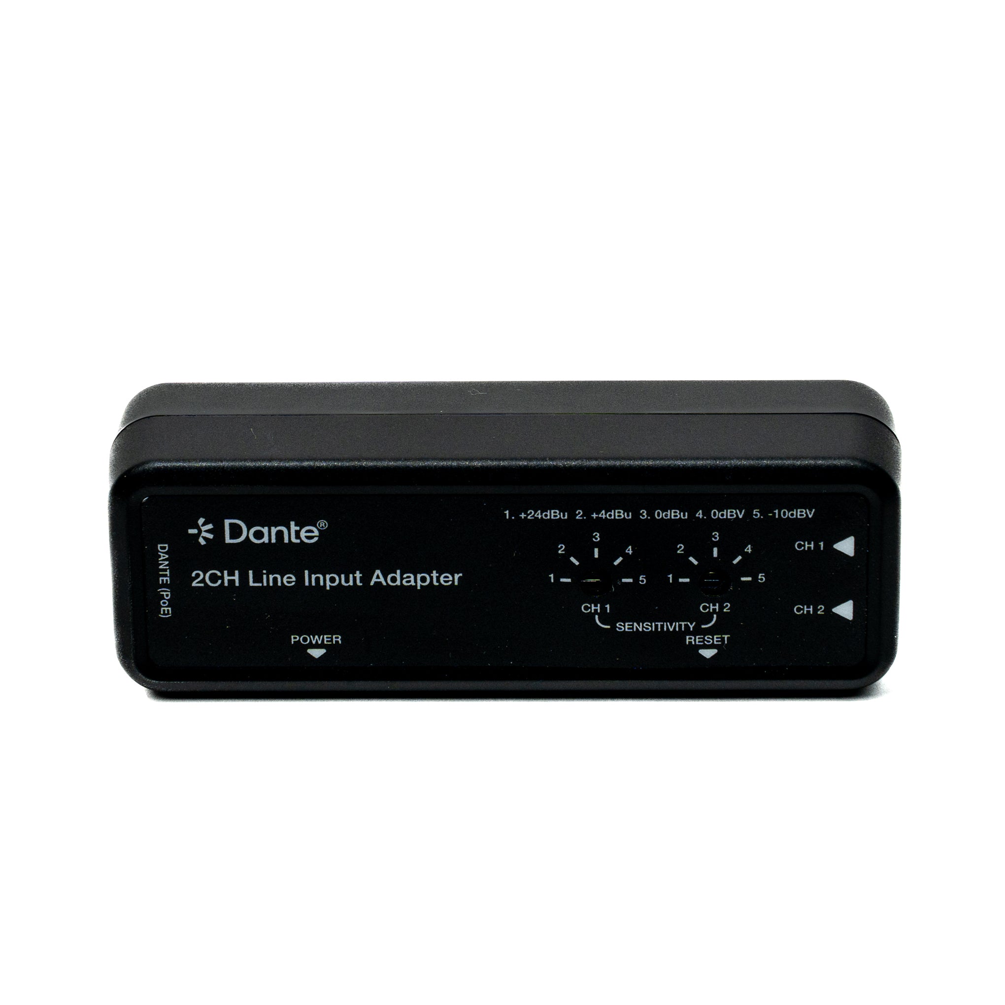 Black 2CH Line Input Adapter with Dante logo on a white background
