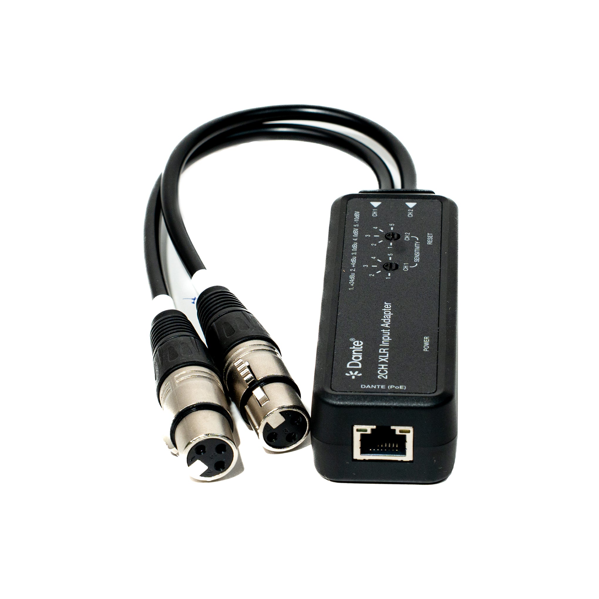 XLR audio adapter with Dante technology on a white background