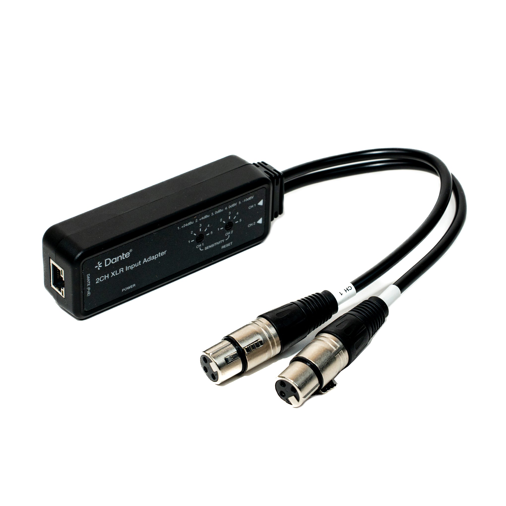 Dante 2CH XLR Input Adapter with Ethernet port on a white background