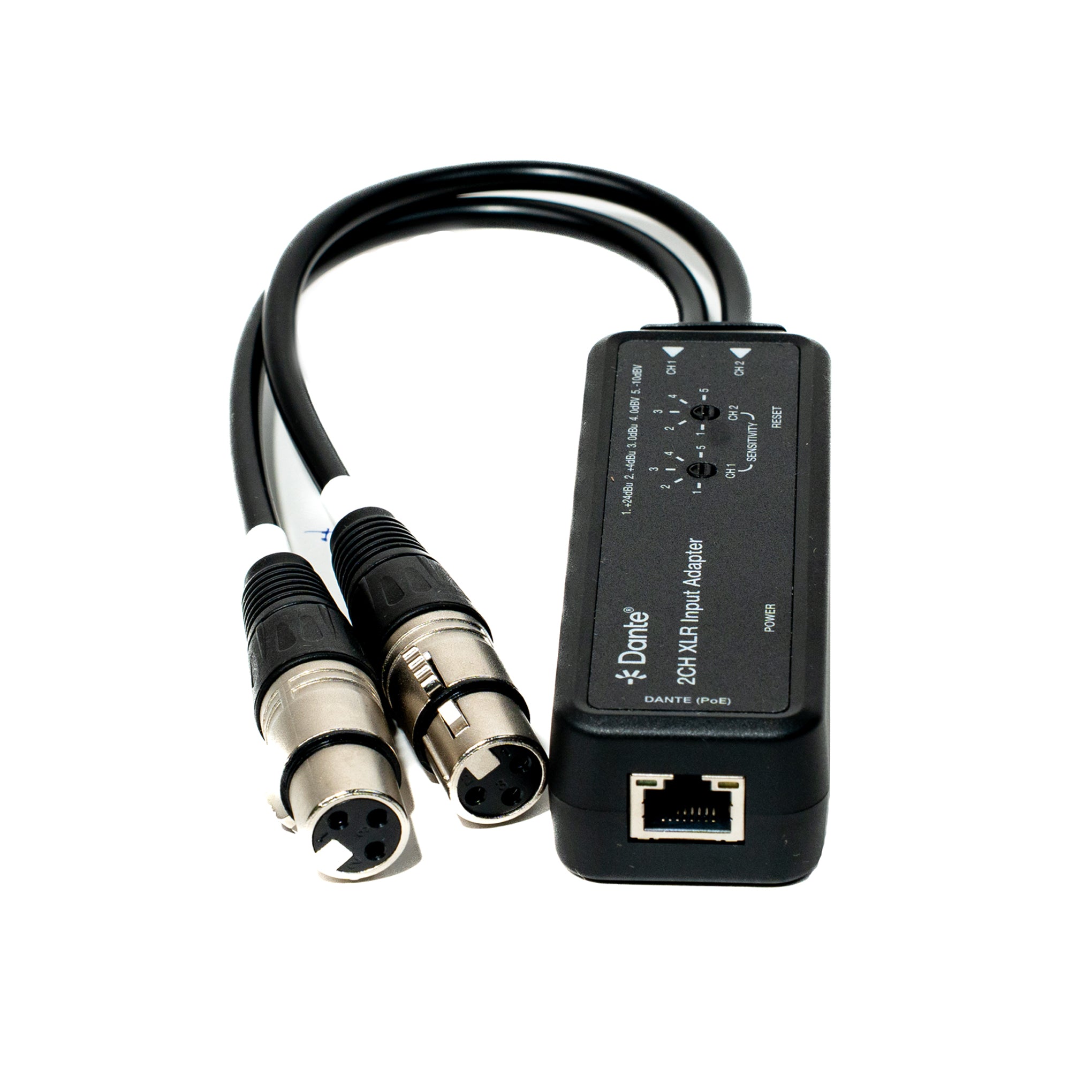Audio interface adapter with XLR and TRS connectors on a white background
