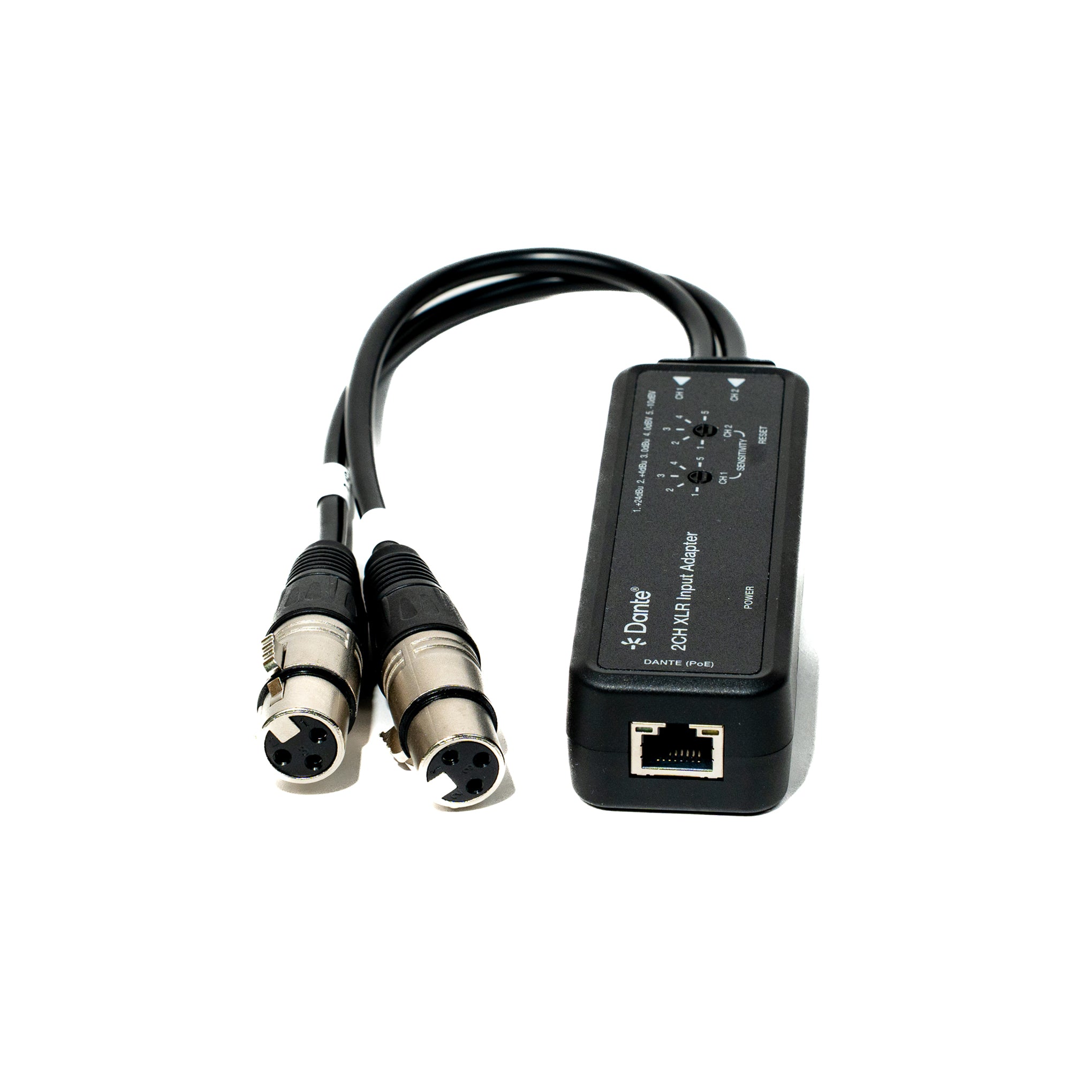 Dante PCM XLR input adapter with two XLR cables on a white background