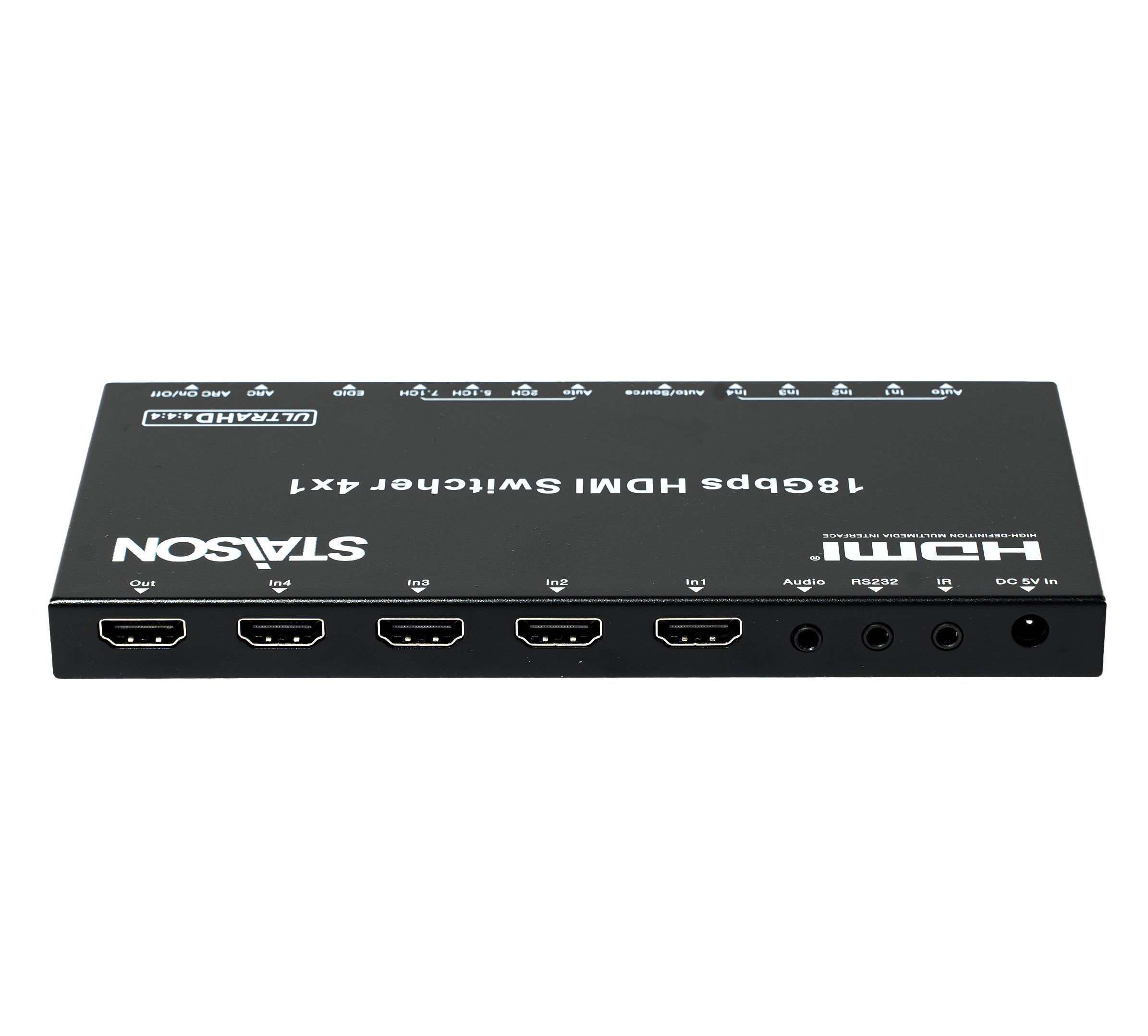 HDMI switcher with multiple ports on a white background