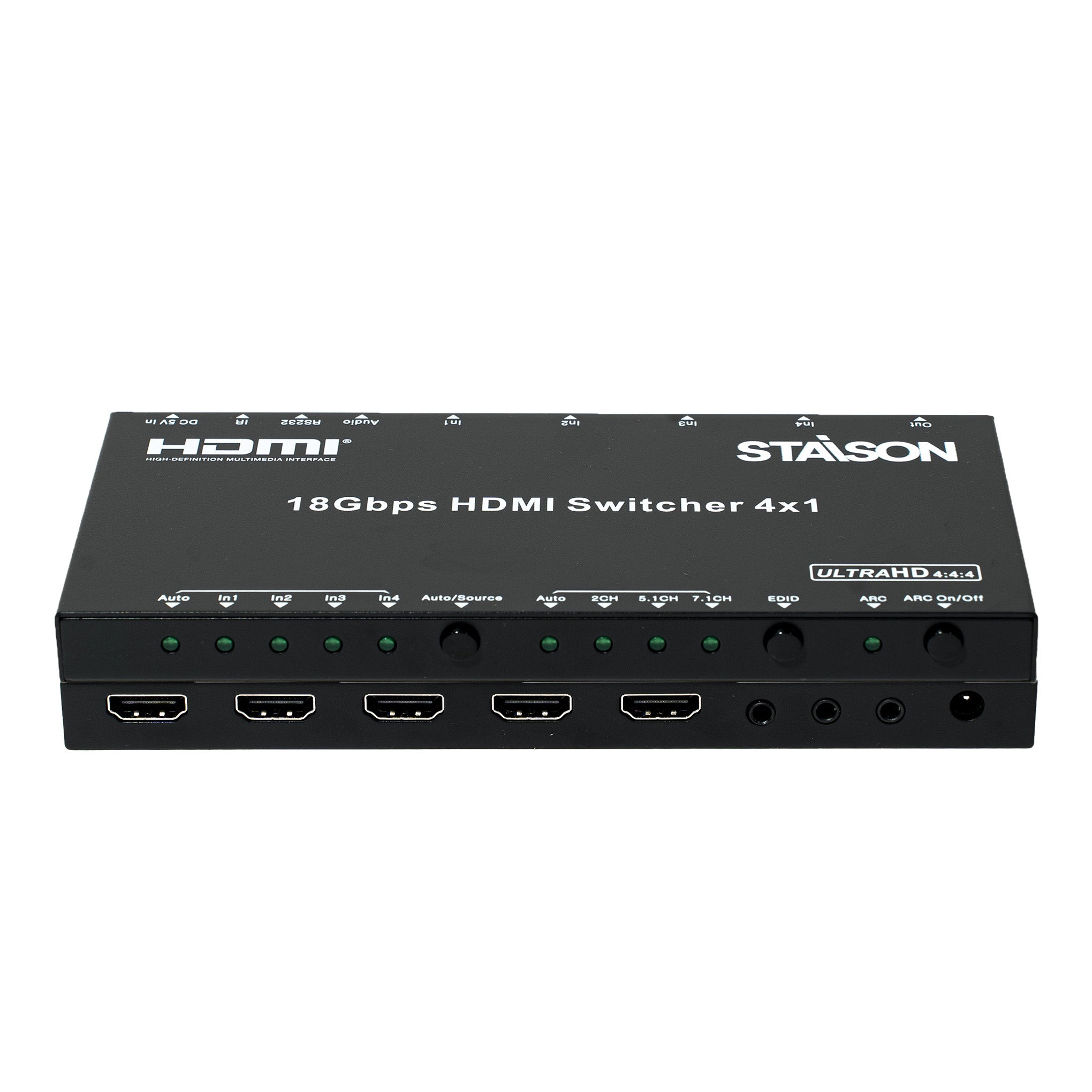 HDMI switcher with multiple ports on a white background