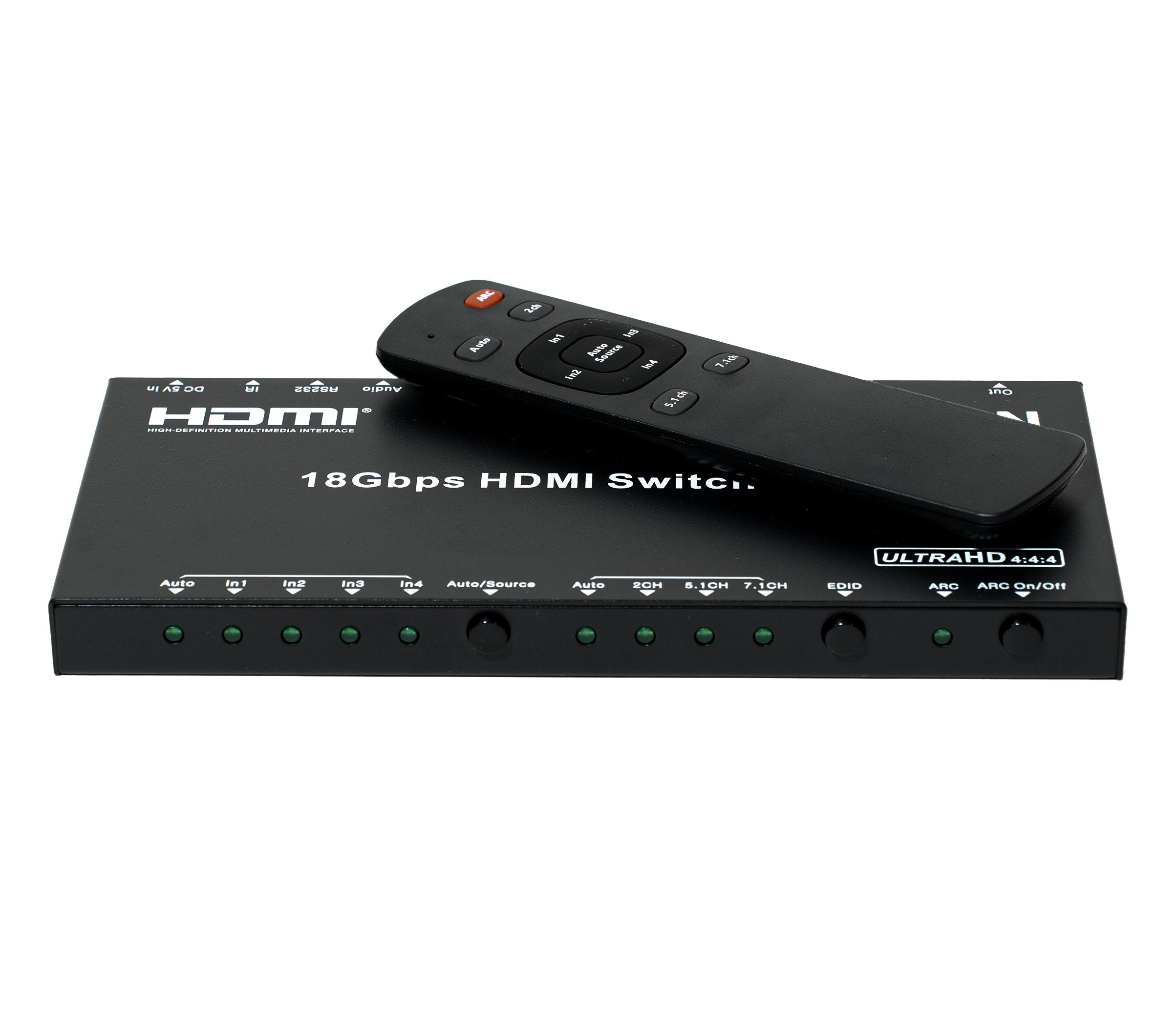 HDMI switch with remote control on a white background