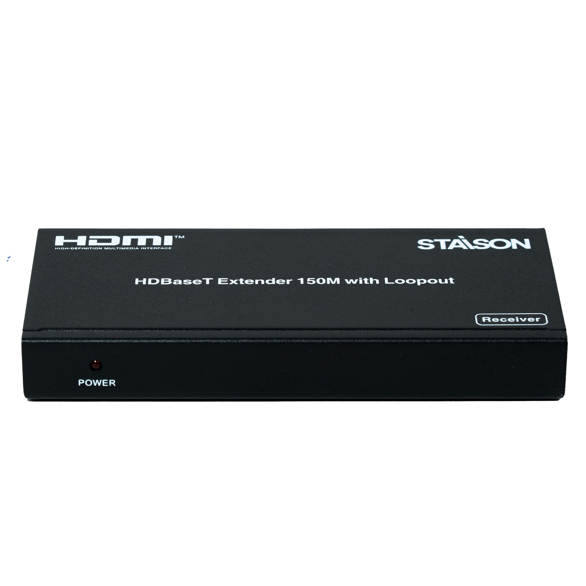 Black HDMI HDBaseT Extender 150M with Loopout Receiver by Stäson on a white background
