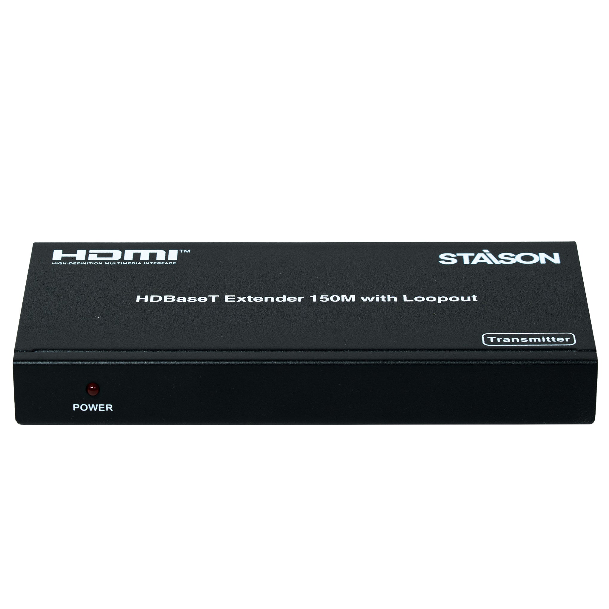 Black HDMI HDBaseT Extender 150M with Loopout transmitter on a white background