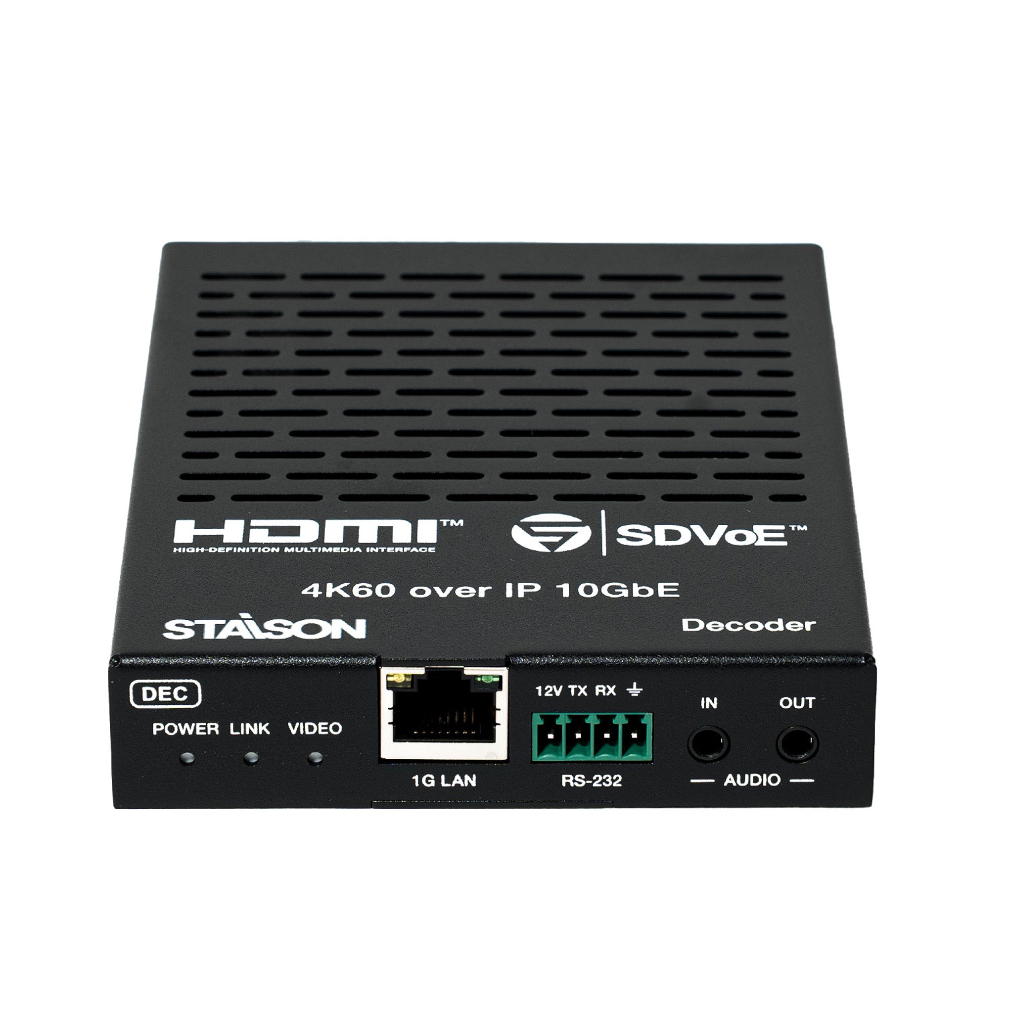 Black electronic decoder device with branding and technical specifications on a white background