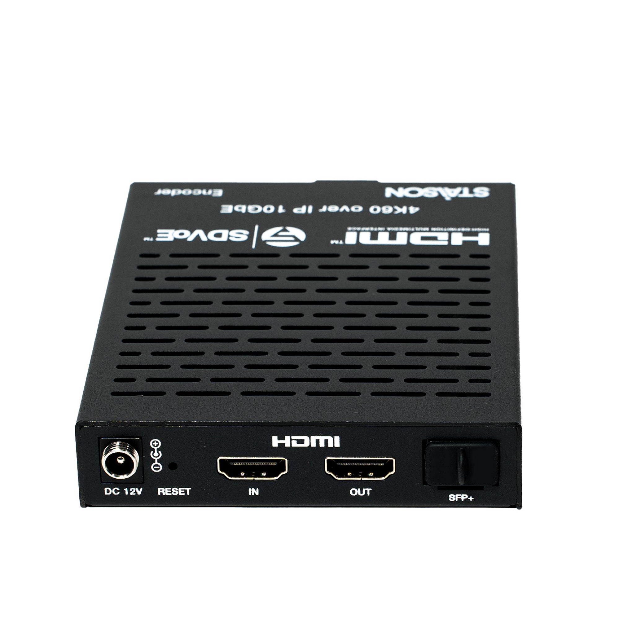 Black electronic device with HDMI ports and staison branding on a white background