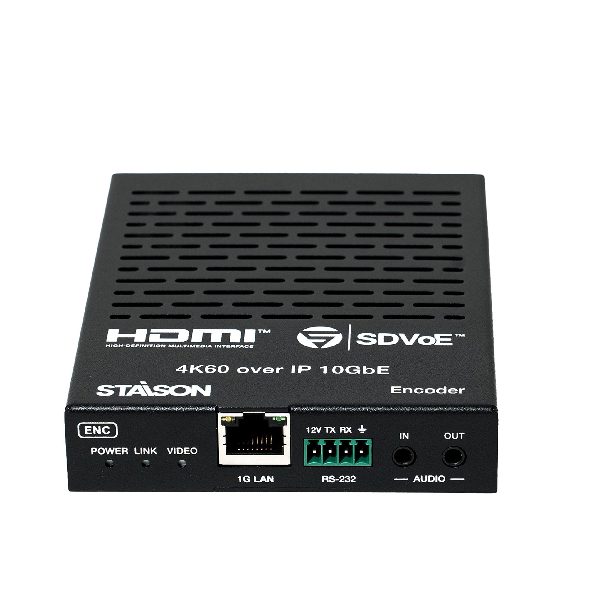 Black HDMI encoder with staison ports and branding on a white background