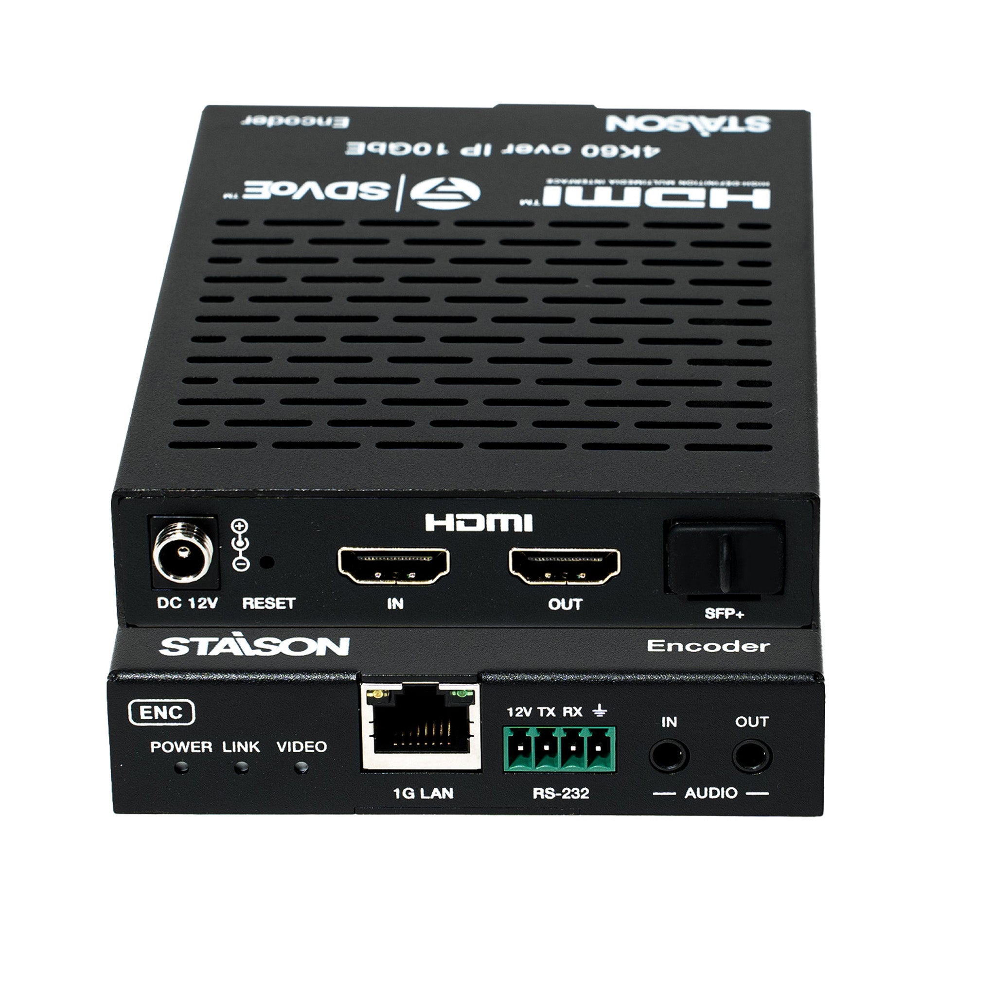 Black Staison encoder with HDMI and network connectivity on a white background