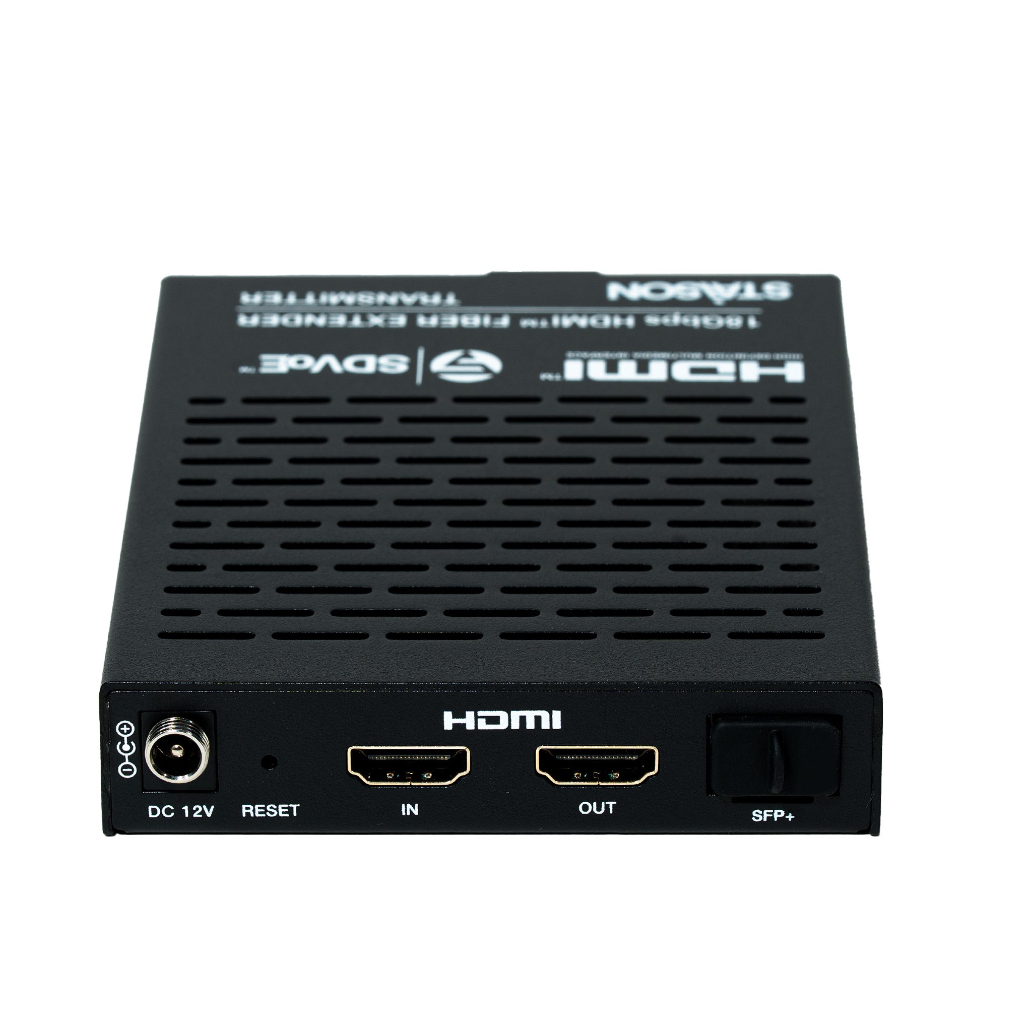 Black electronic device with HDMI ports on a white background