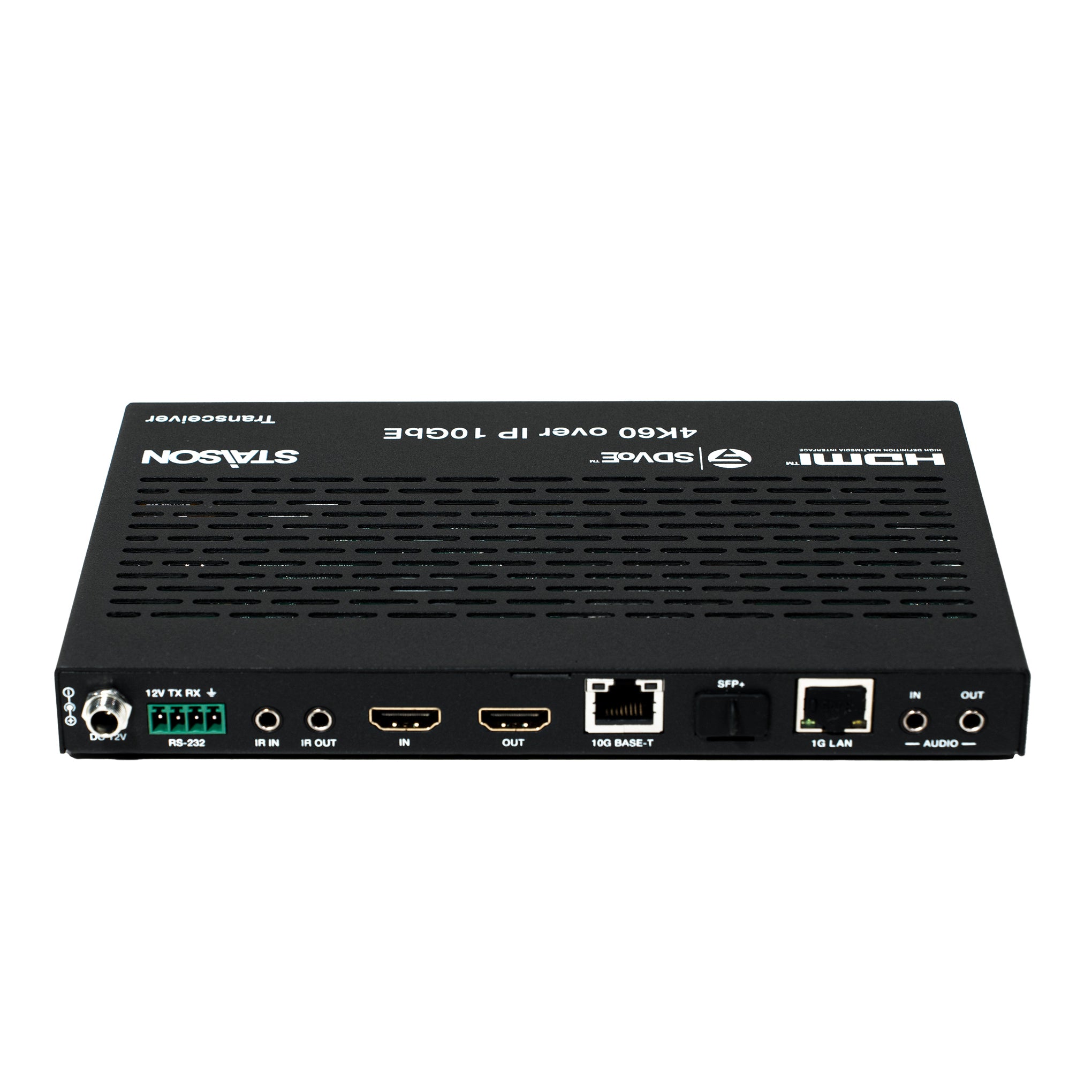 Black network router with multiple ports on a white background