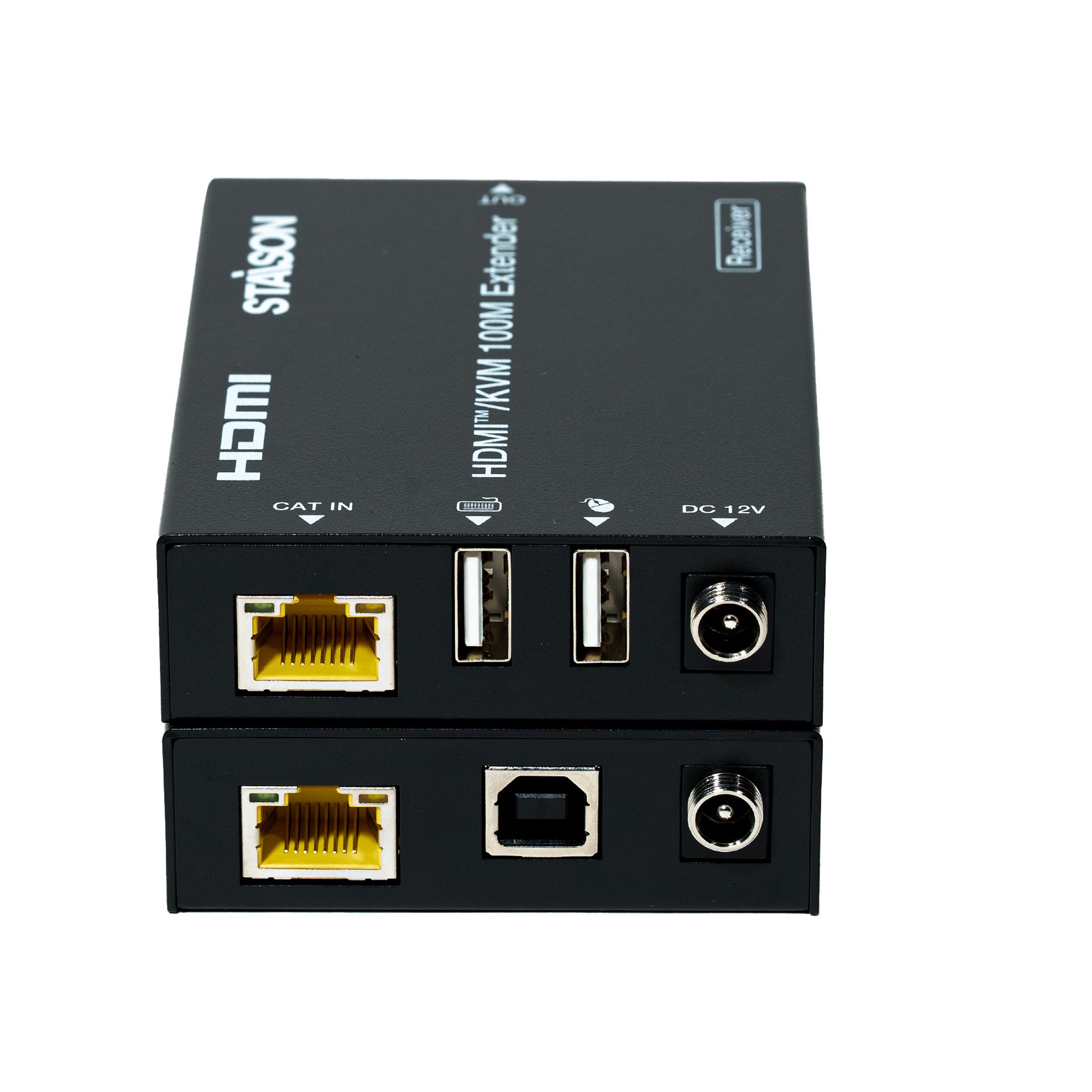 HDMI/KVM 100 M extender transmitter and receiver right side view in white background
