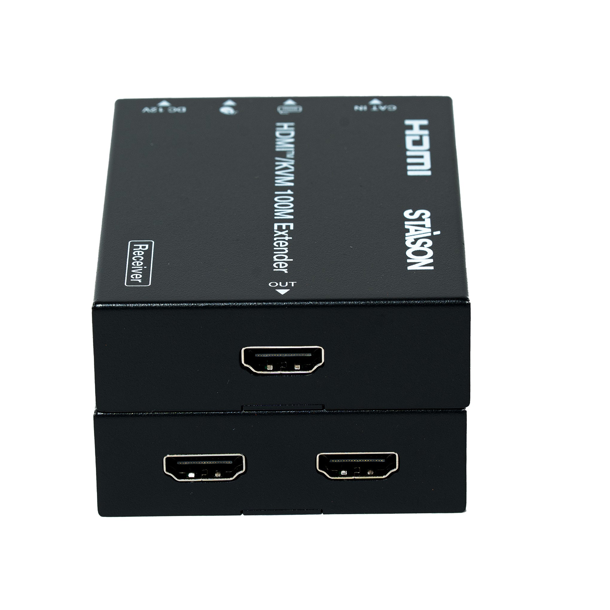 HDMI/KVM 100 M extender transmitter and receiver right side view in white background