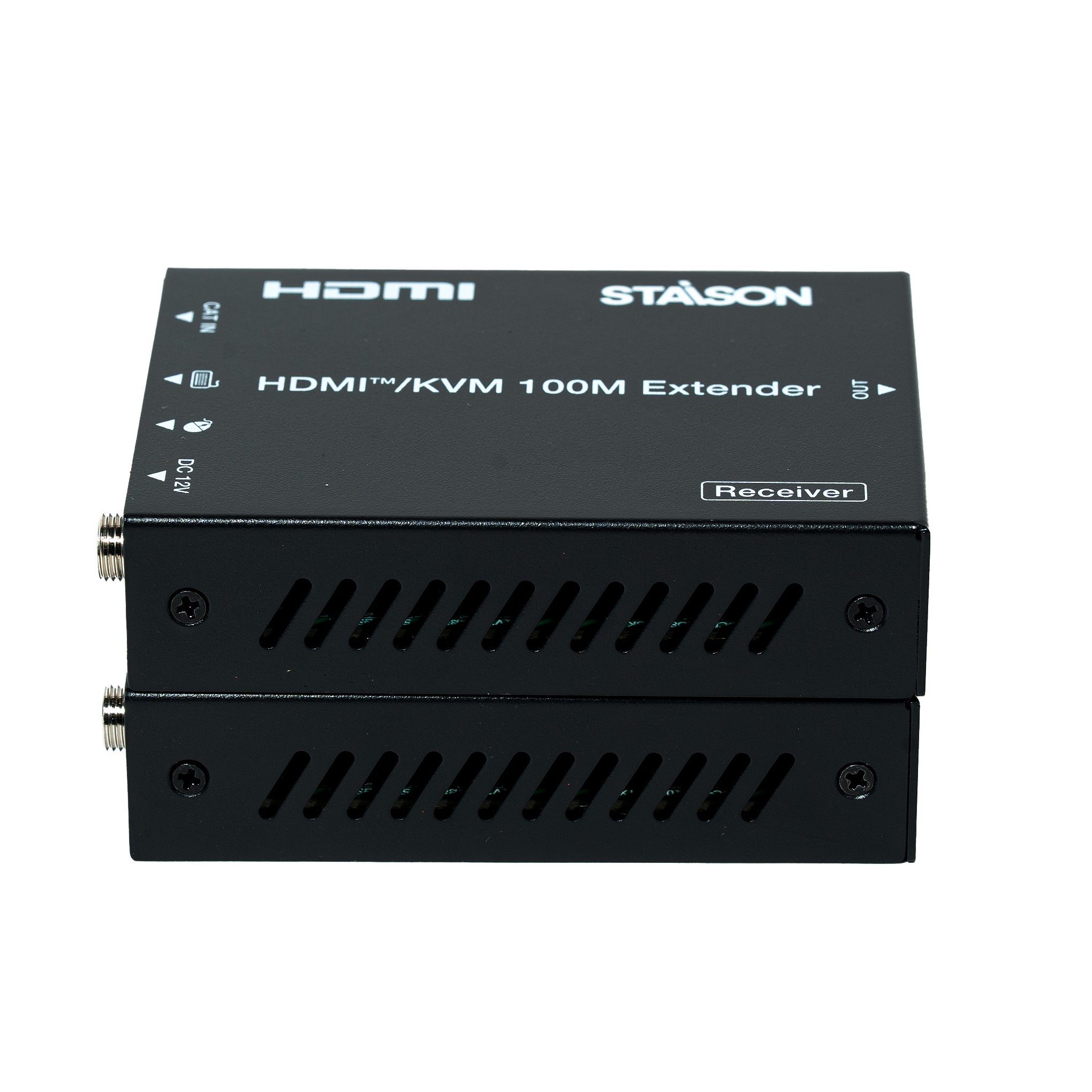 HDMI/KVM 100M Extender transmitter and receiver top view in white background 