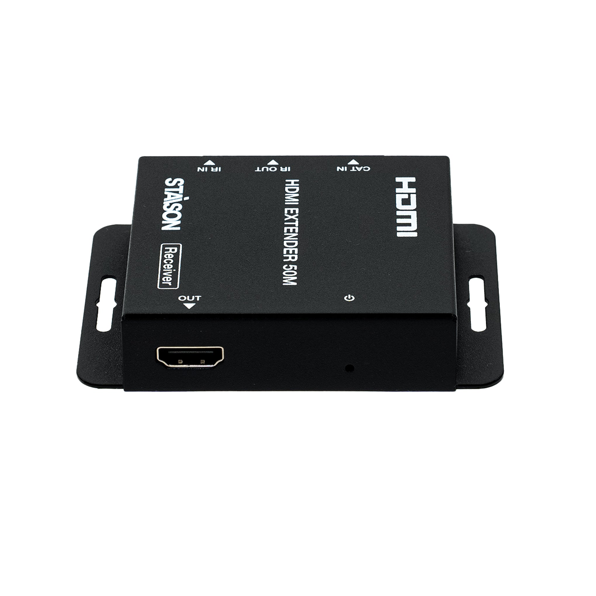 HDMI extender device with branding on a white background