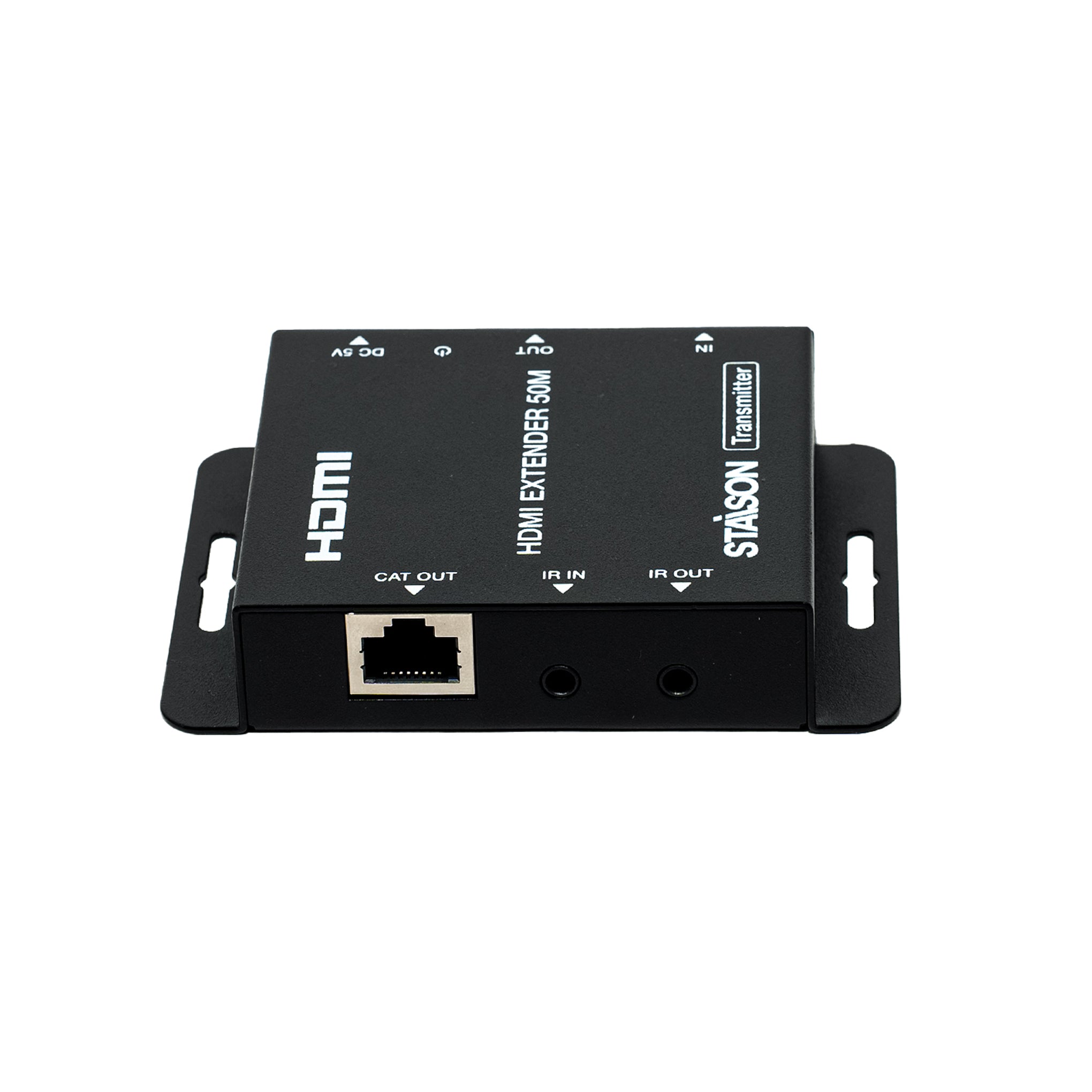 HDMI extender device with labeled ports on a white background