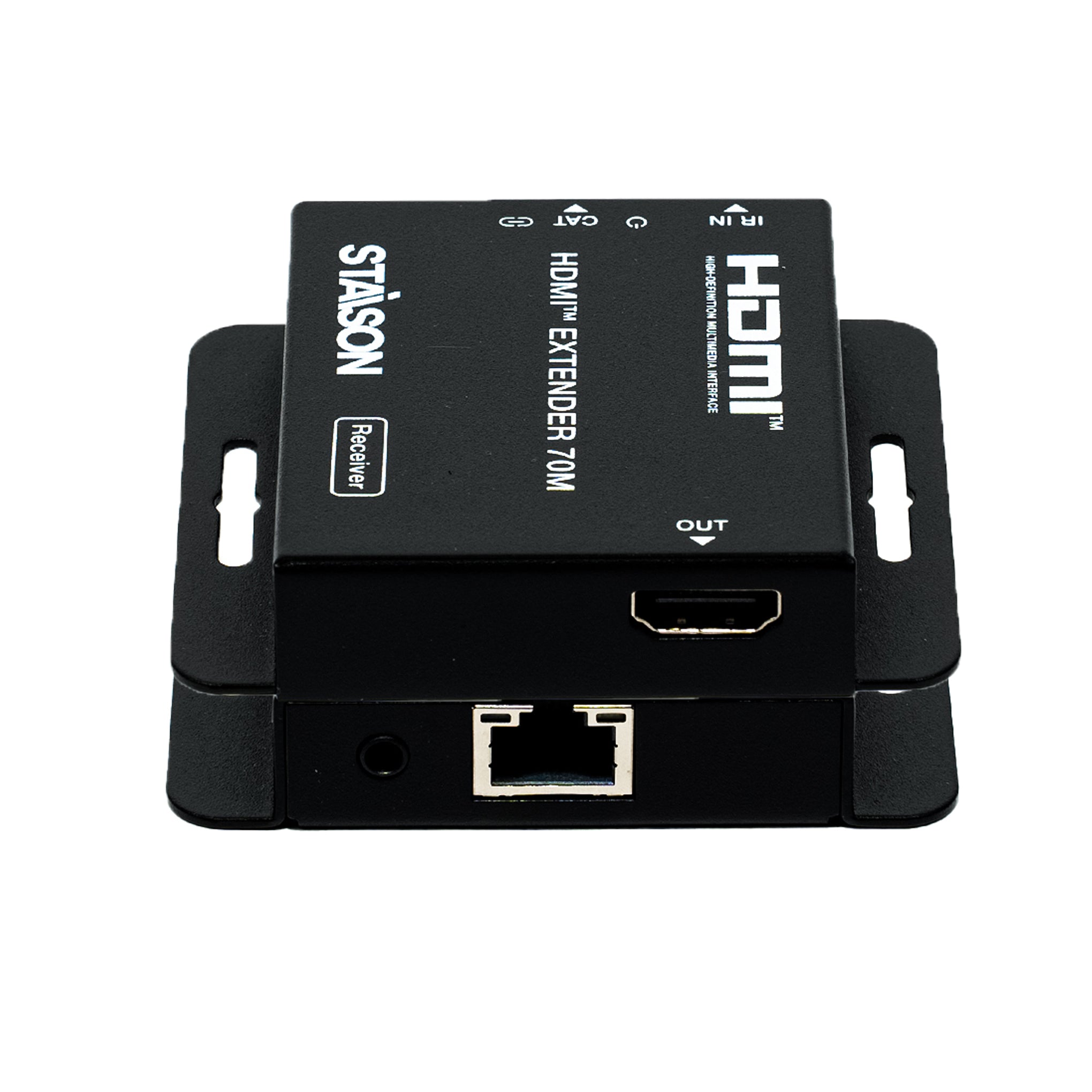HDMI extender with staison brand logo and multiple ports on a white background