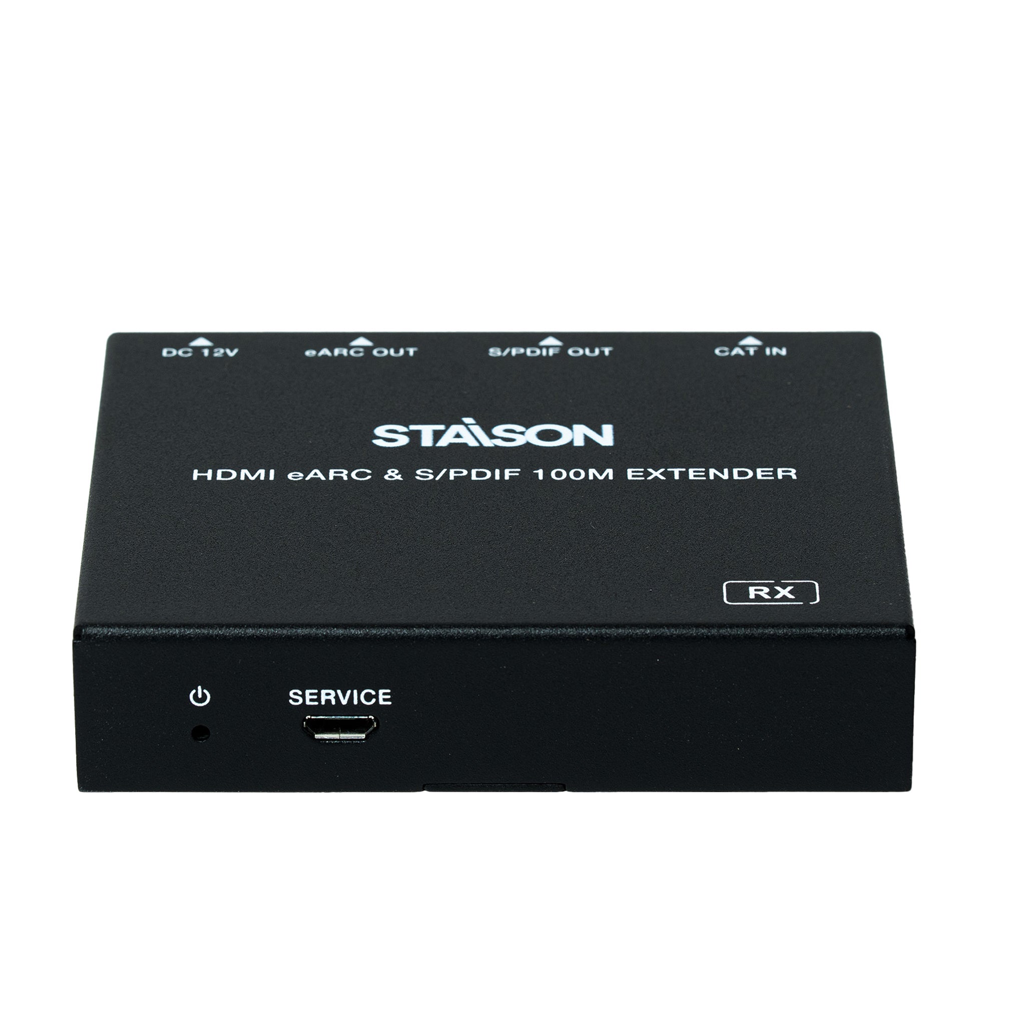 Black HDMI eARC & S/PDIF 100M Extender with Staison branding on a white background