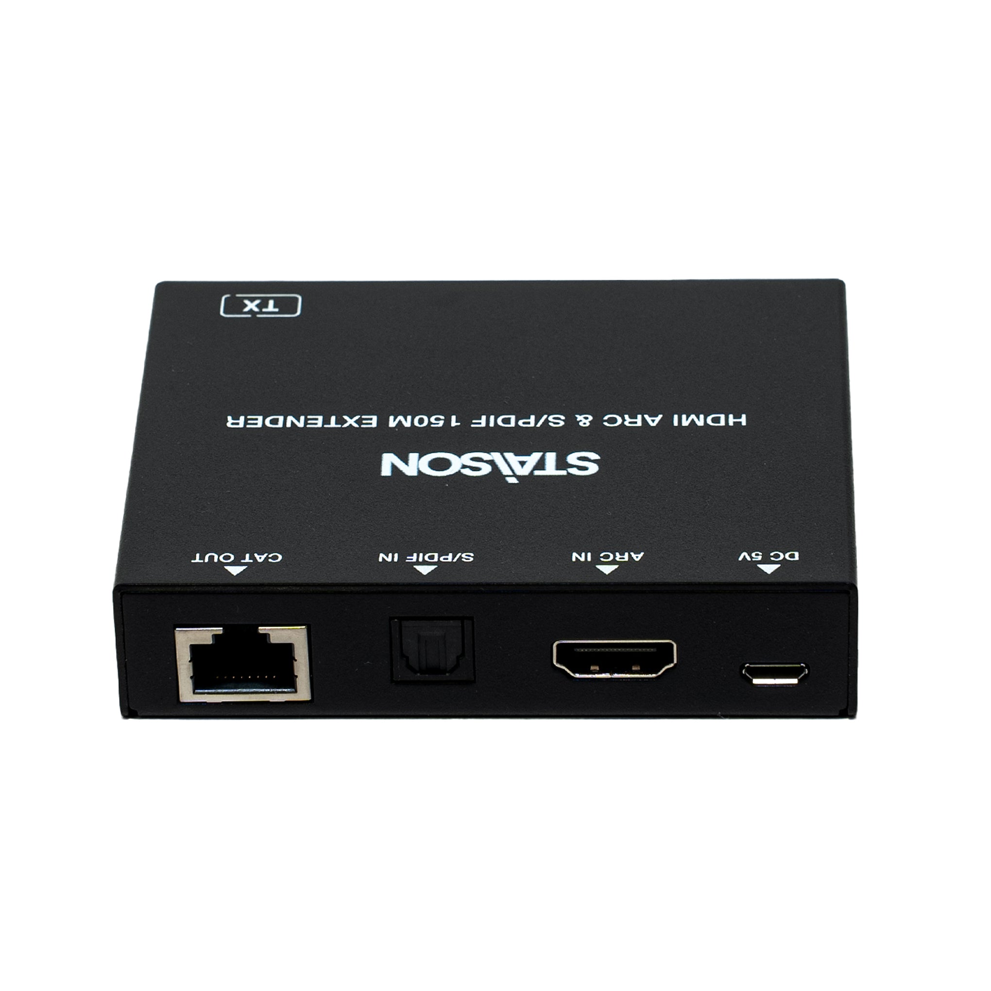 Black HDMI and Ethernet extender device with STASON branding on a white background