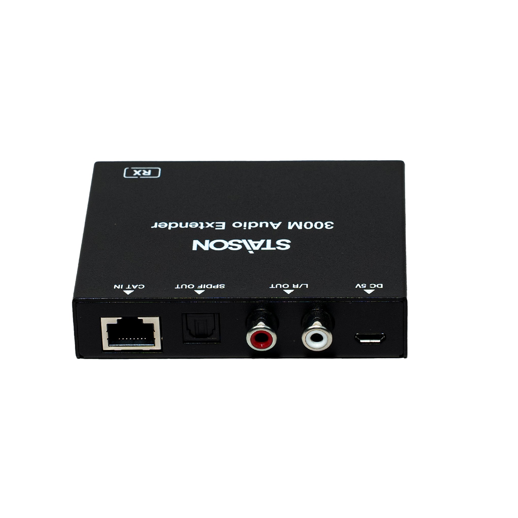 Black audio/video extender device with labeled ports on a white background