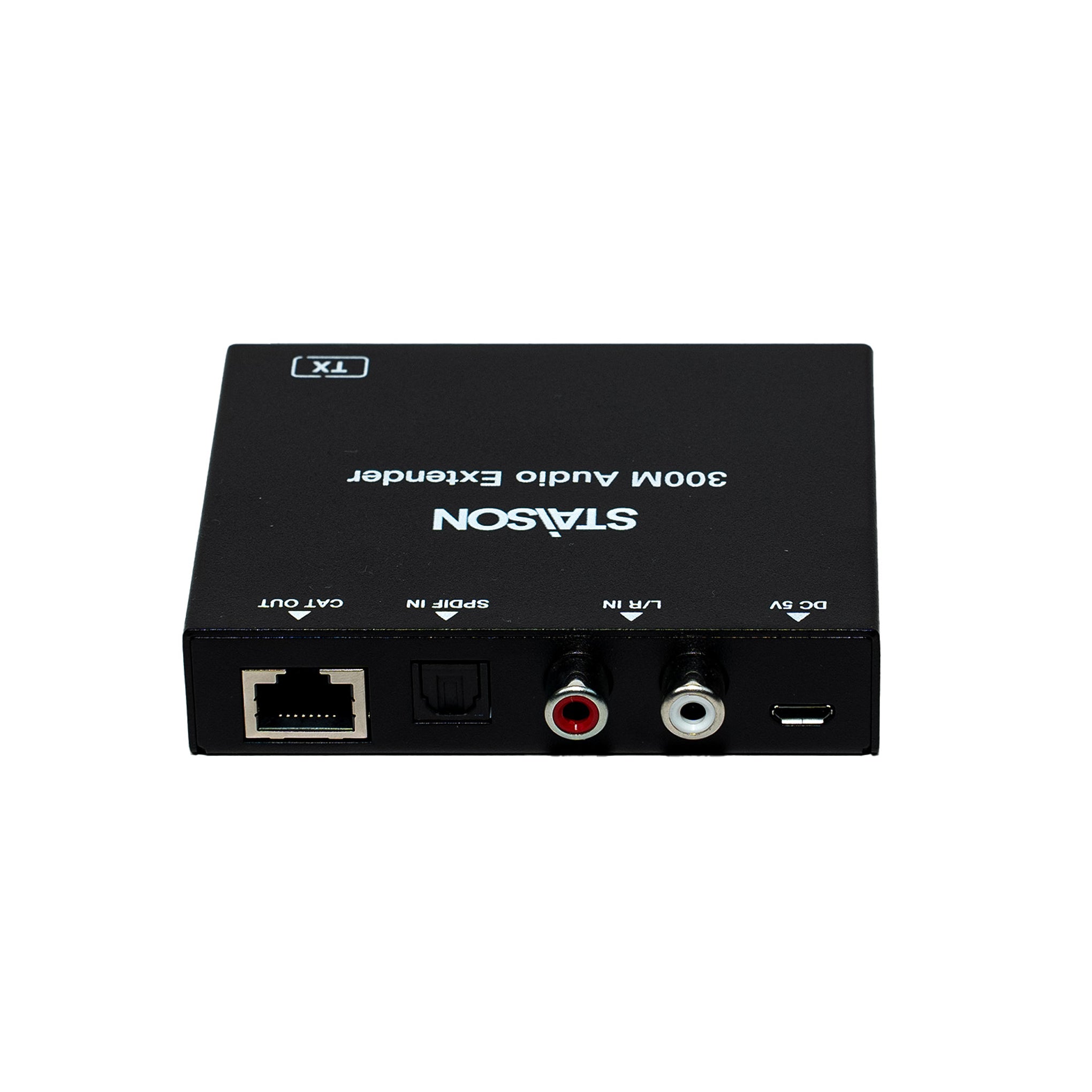 Black audio and video extender device with STAISON branding on a white background