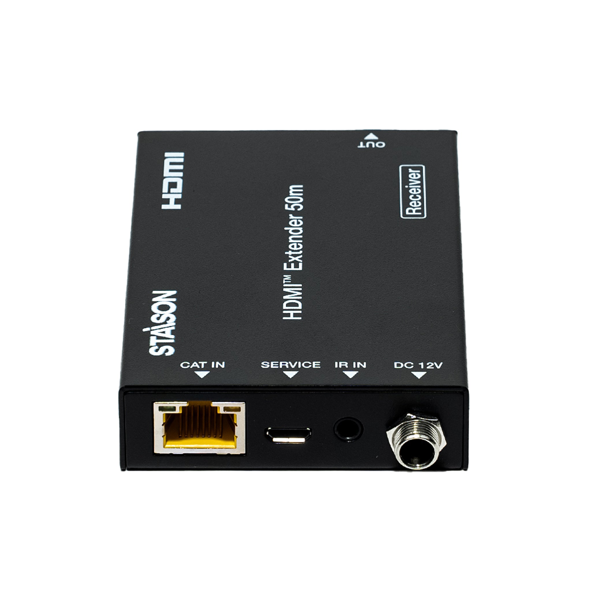 HDMI extender receiver with various ports on a white background