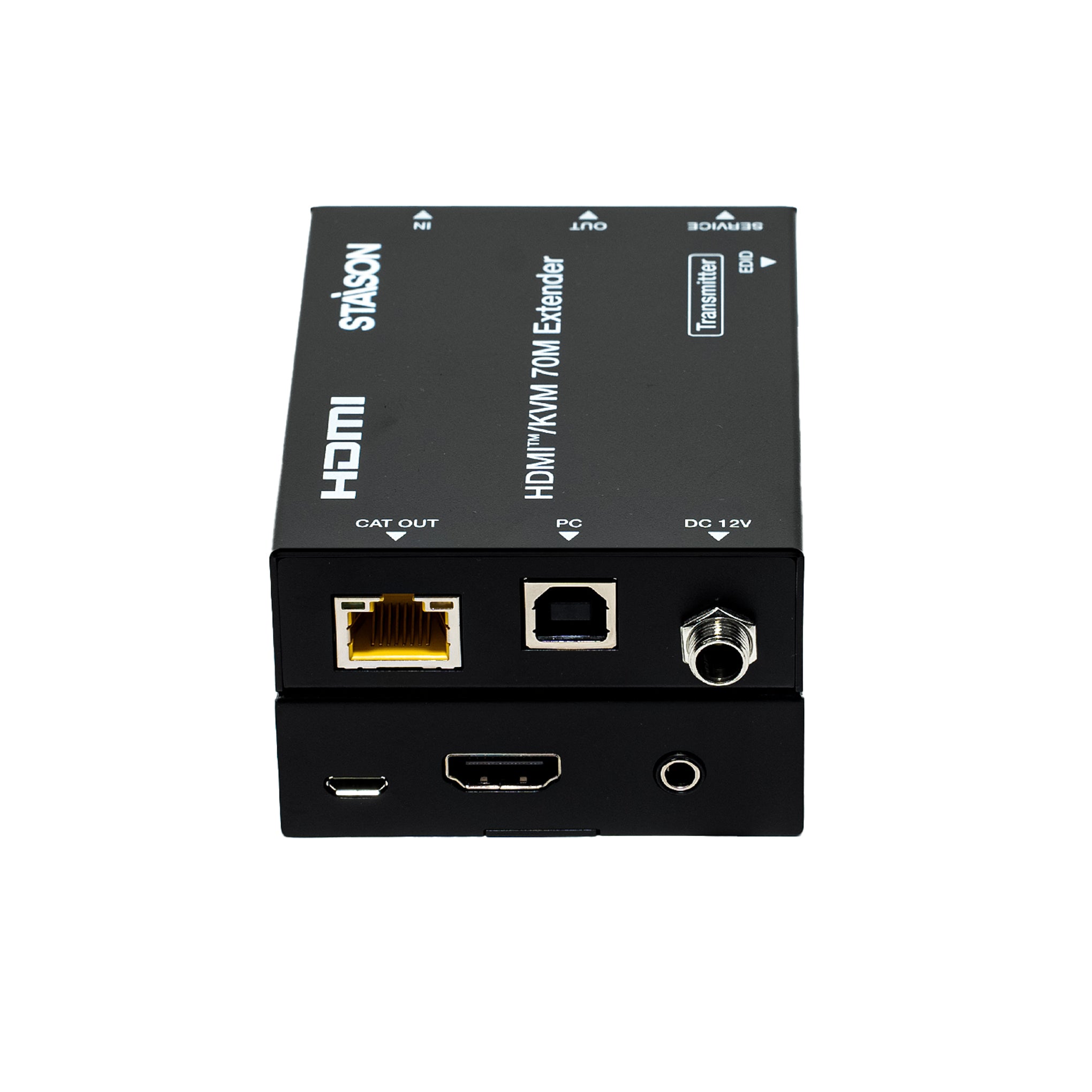 HDMI and KVM extender device with various ports on a white background