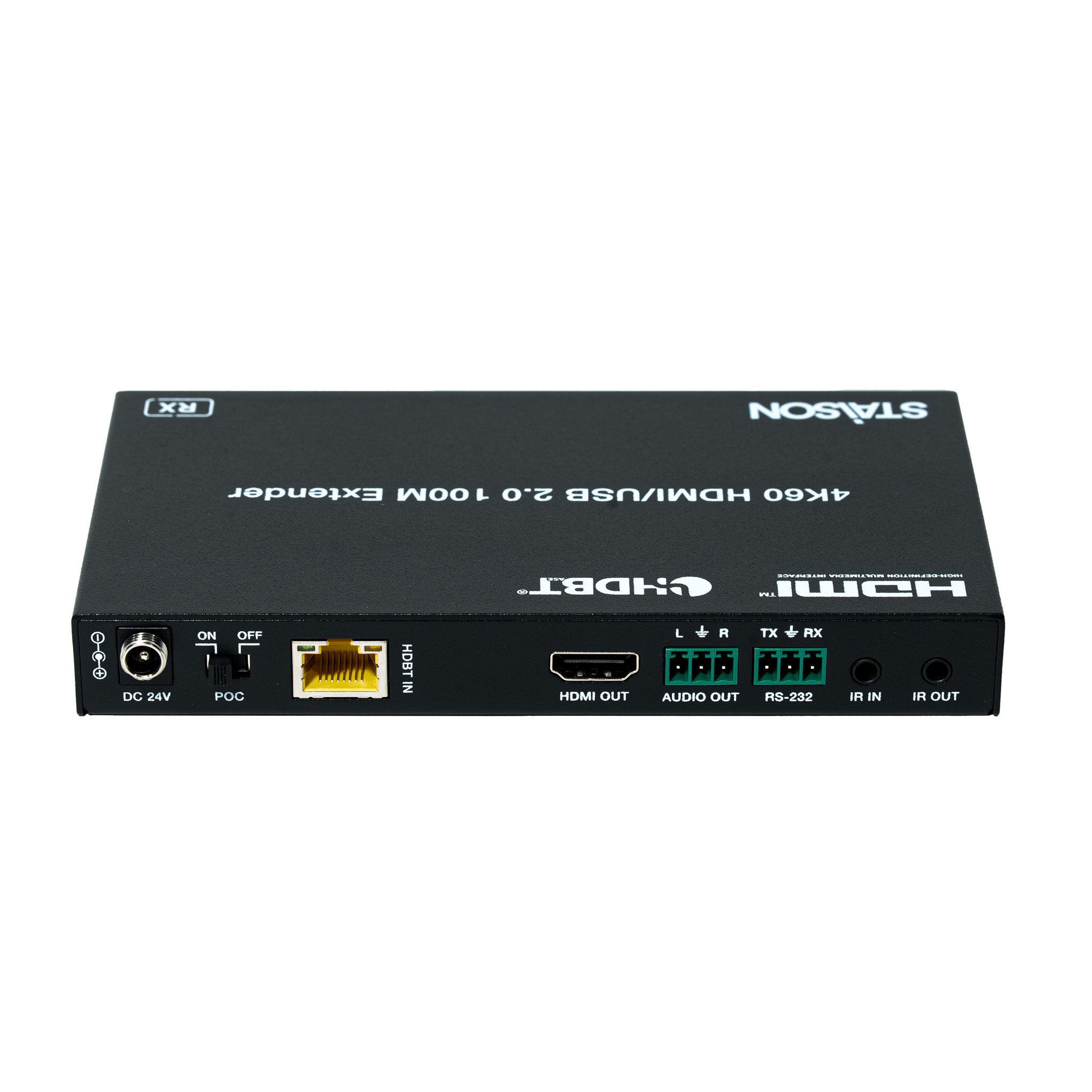 HDMI extender device with labeled ports on a white background
