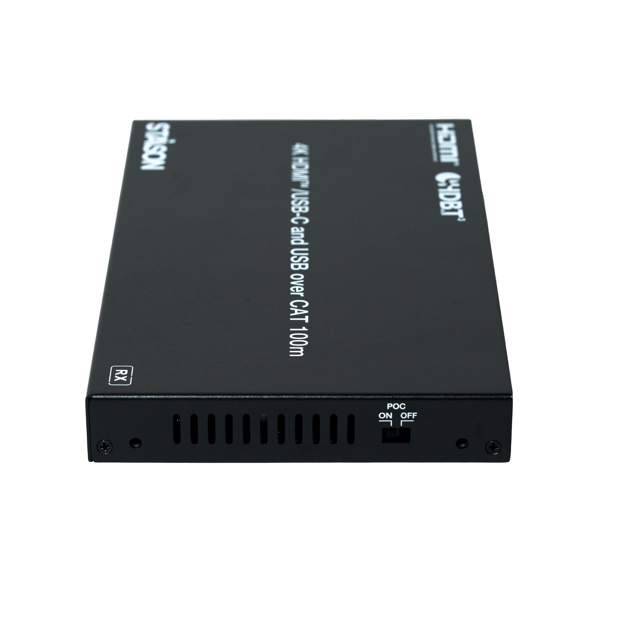 Black electronic device with branding on a white background