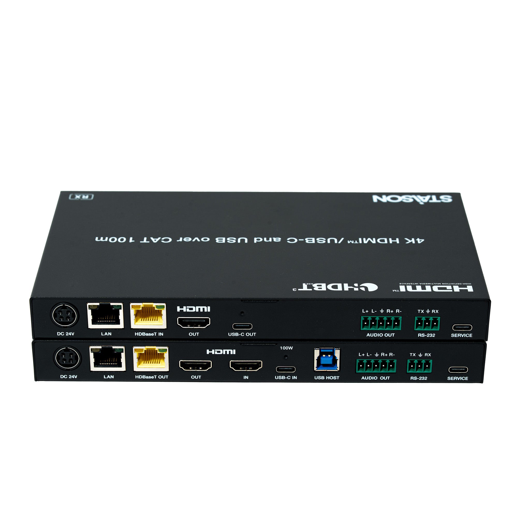 Black electronic device with multiple ports on a white background