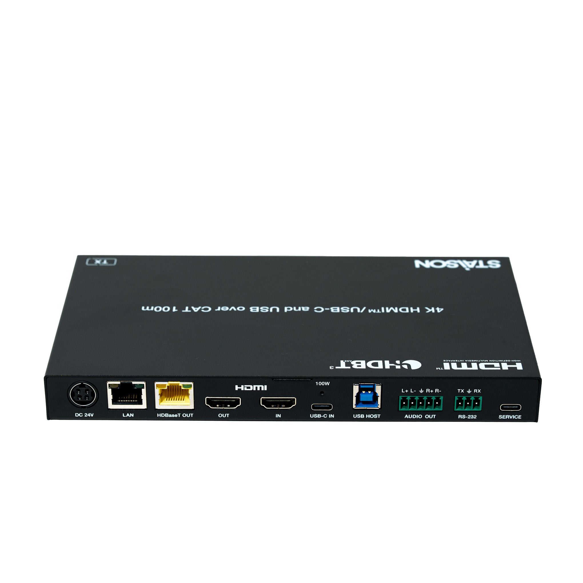 Black electronic device with various ports and branding on a white background